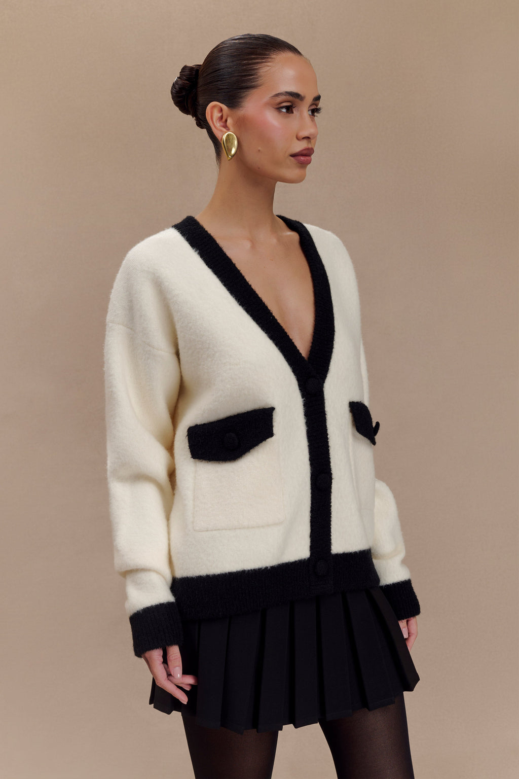 ROF Evangeline Oversize Triko Hırka - Siyah/Beyaz
