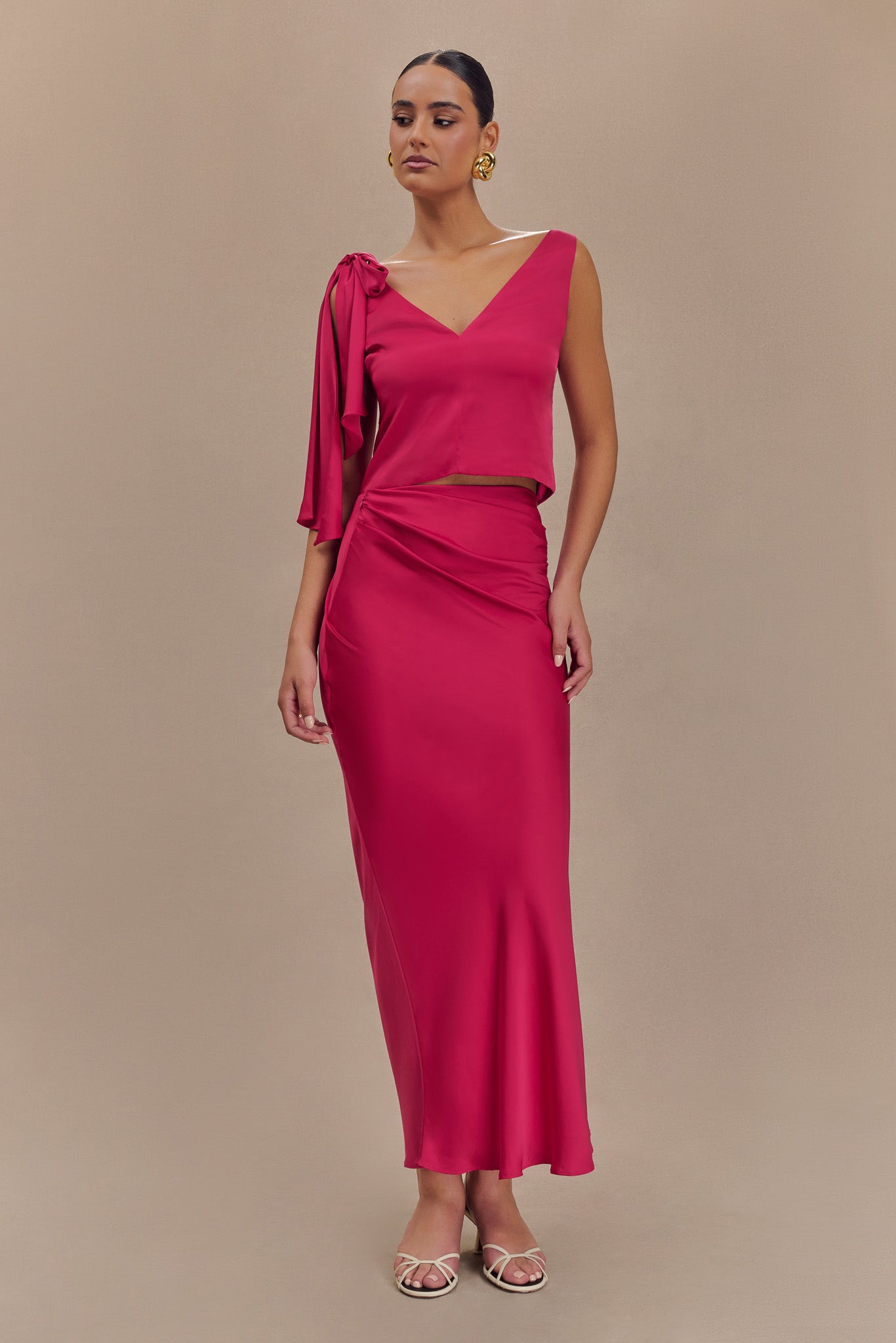 Levauro  Nicola Saten Asimetrik Maxi Etek - Pembe Kiraz