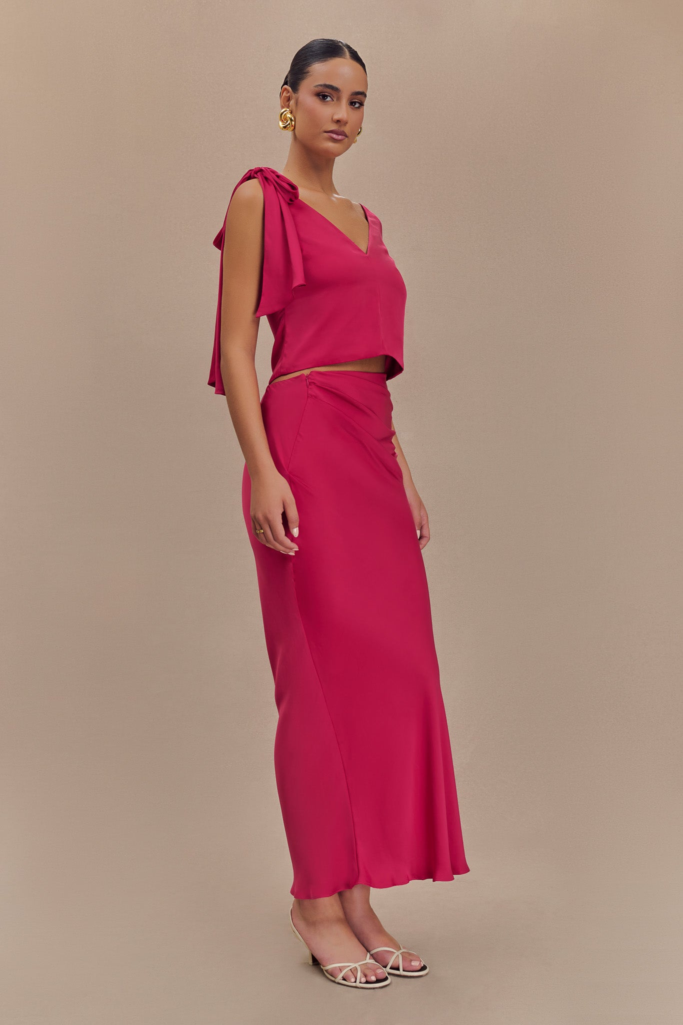 Levauro  Nicola Saten Asimetrik Maxi Etek - Pembe Kiraz