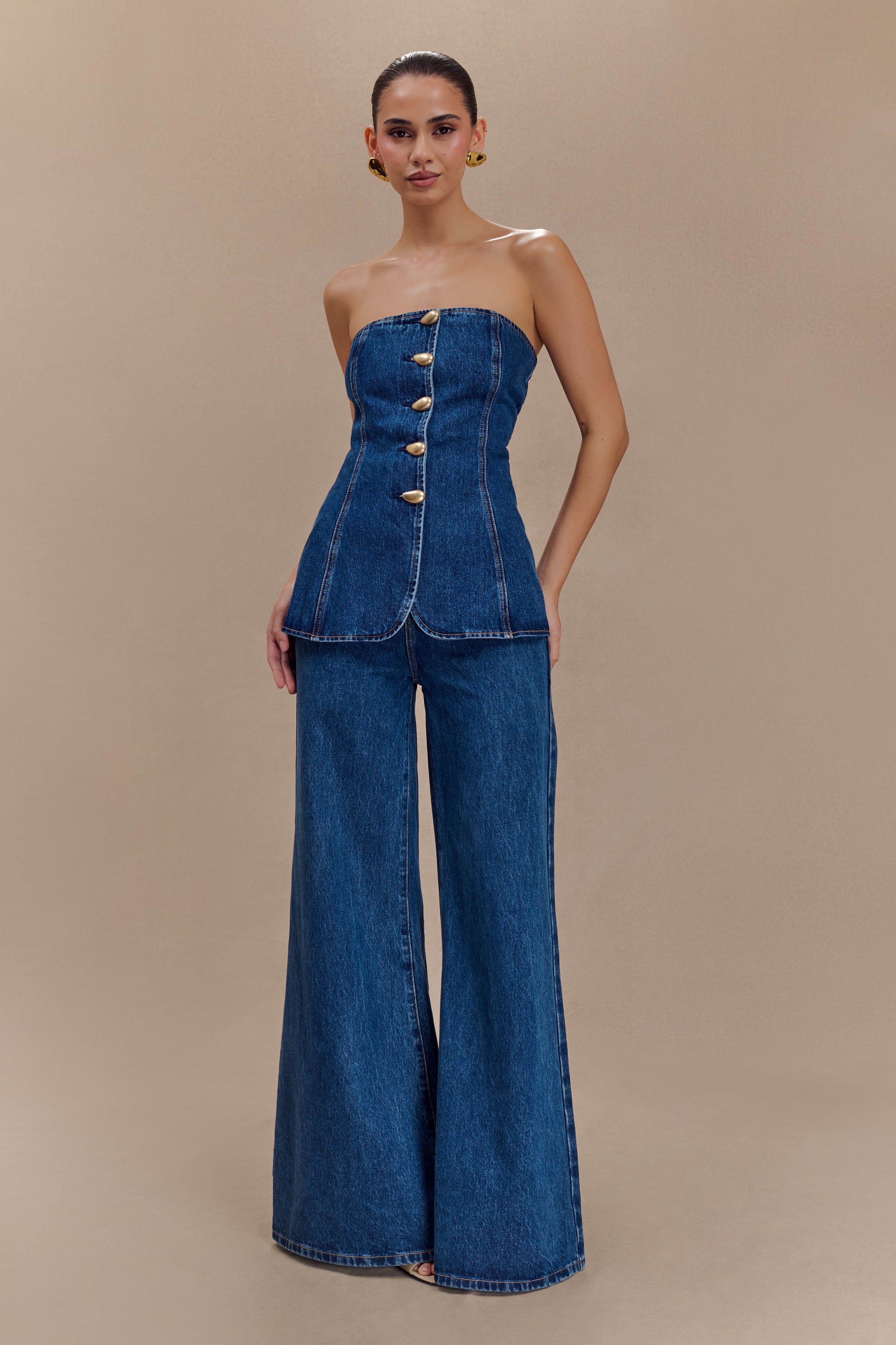 Levauro  Jen Geniş Paça Flare Denim Jeans - Lacivert