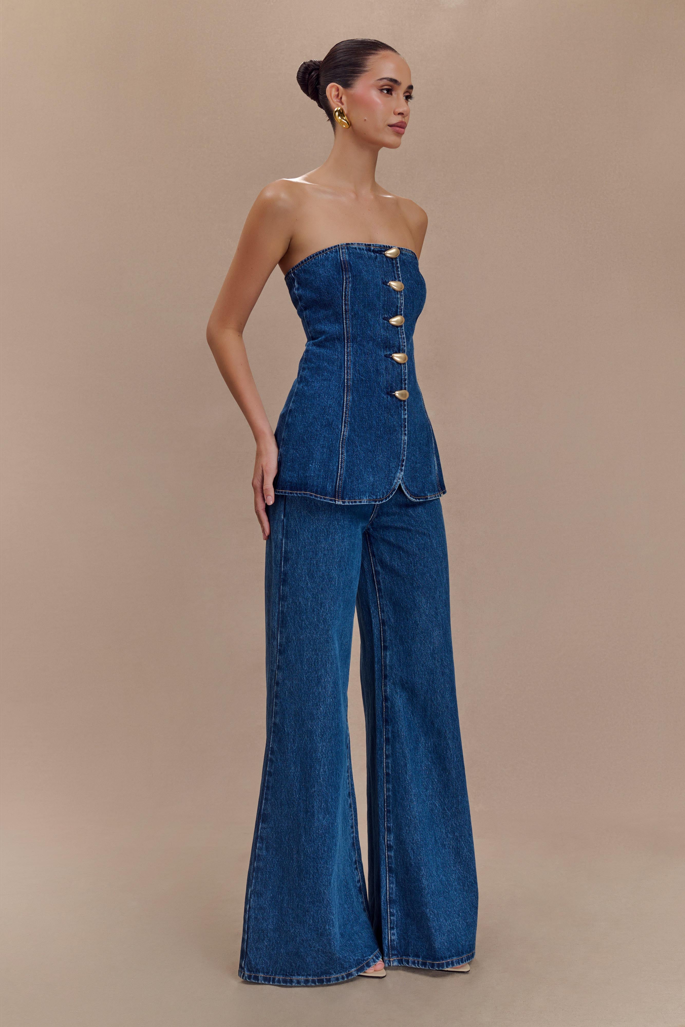 Levauro  Jen Geniş Paça Flare Denim Jeans - Lacivert