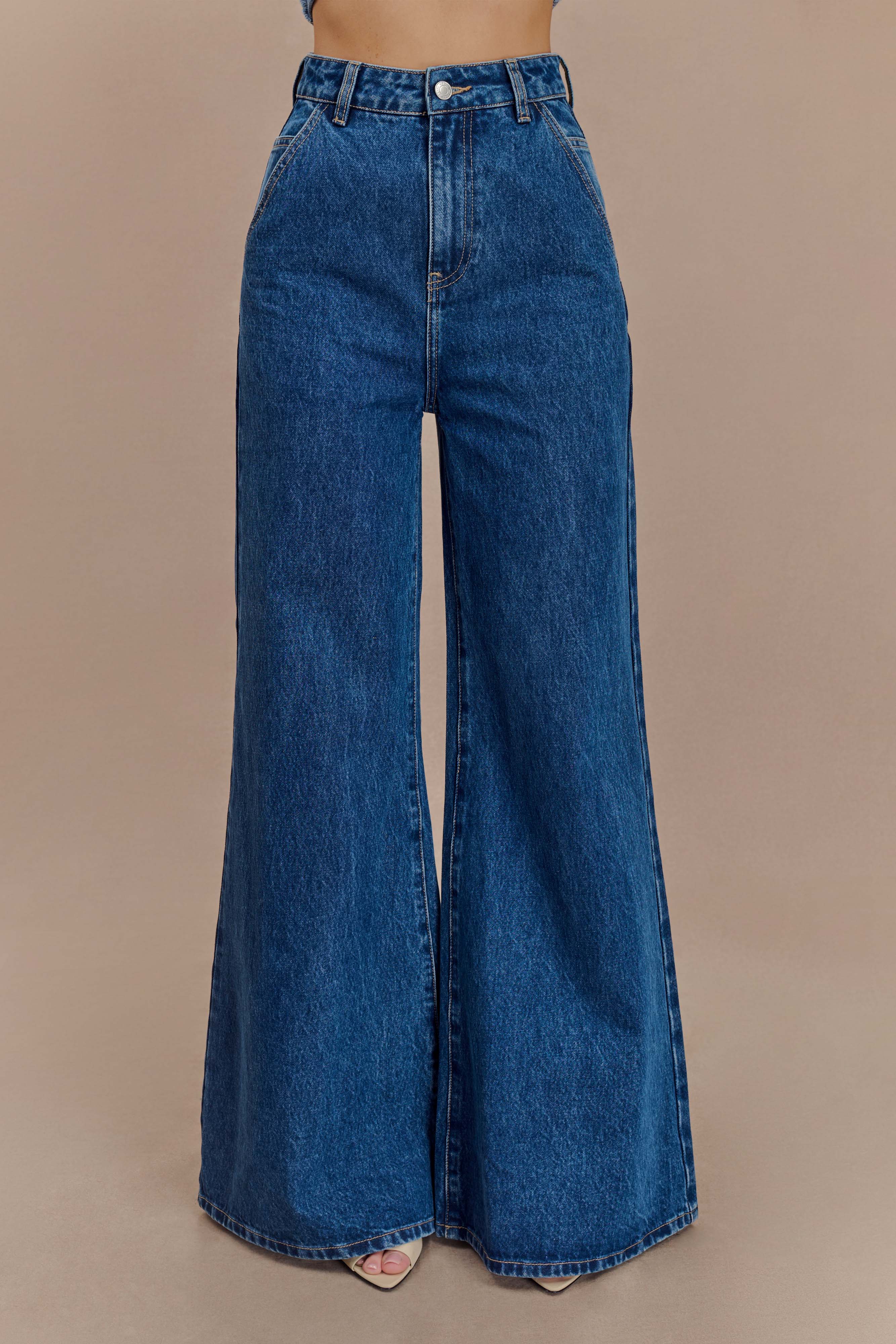Levauro  Jen Geniş Paça Flare Denim Jeans - Lacivert