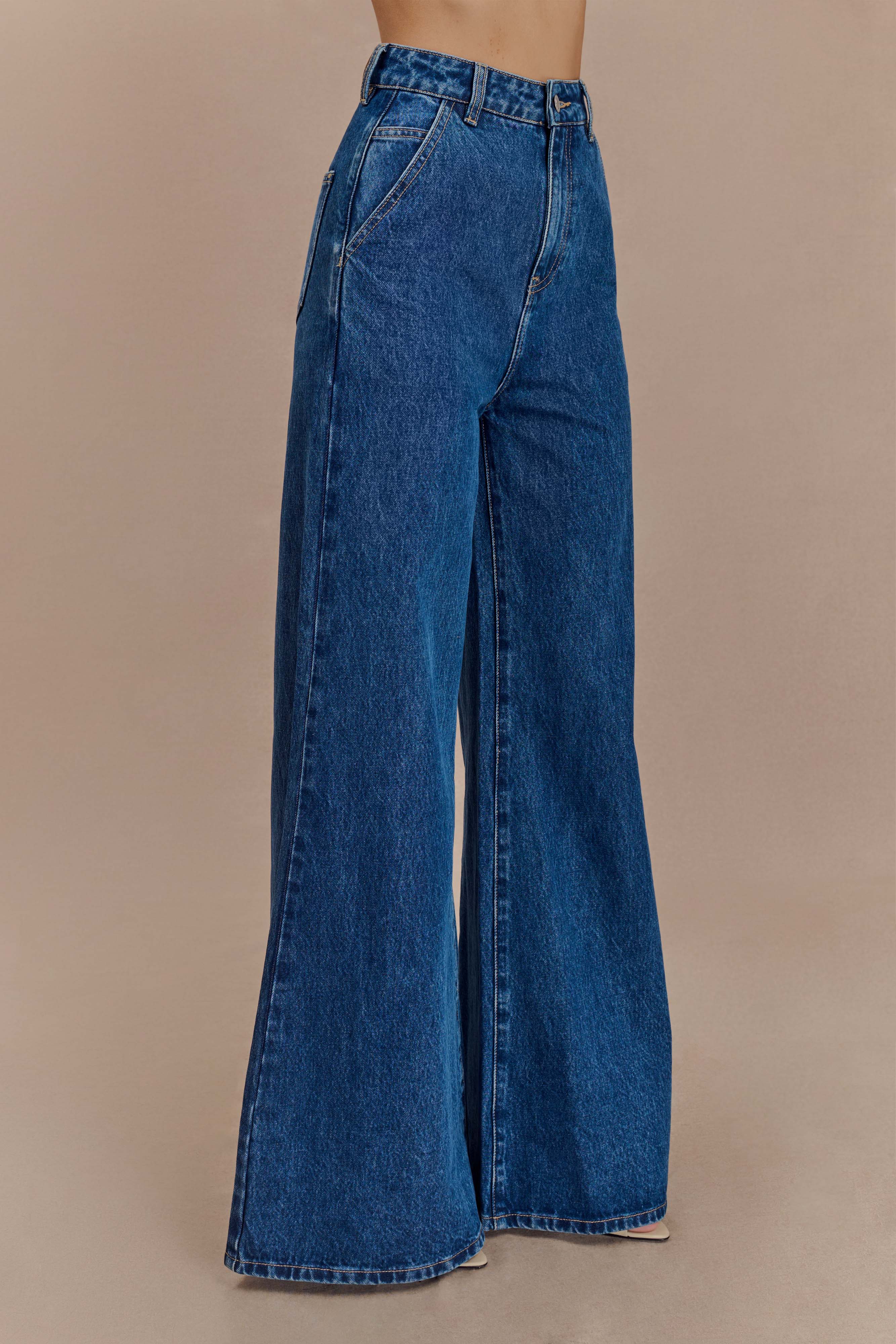 Levauro  Jen Geniş Paça Flare Denim Jeans - Lacivert