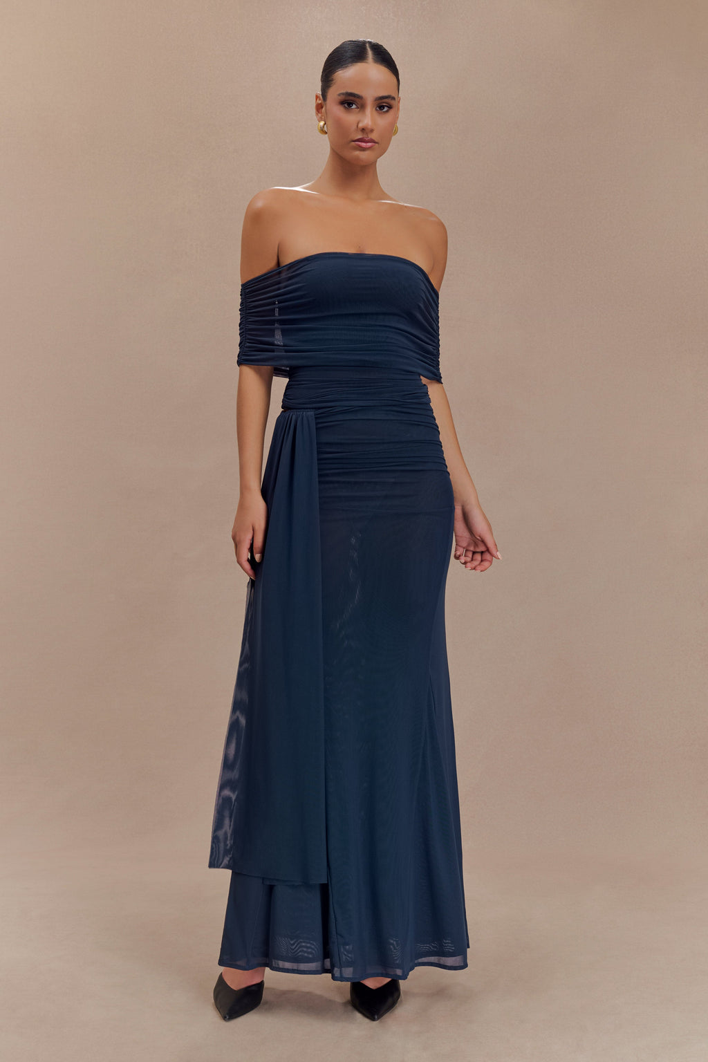 Levauro Arna Düşük Omuzlu File Crop Top - Gece Mavisi