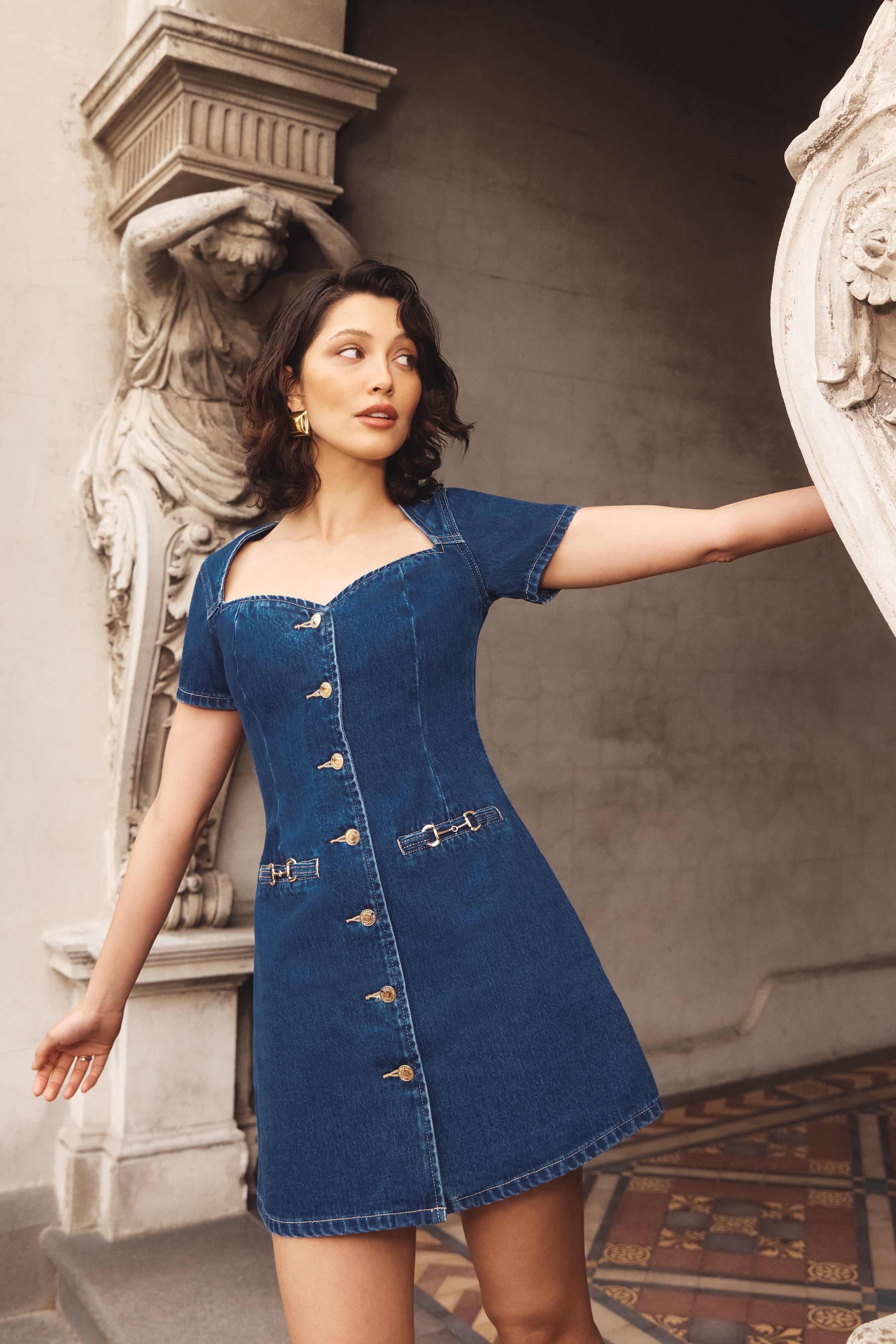 Levauro Monica Sweetheart Denim Mini Elbise - Koyu Mavi