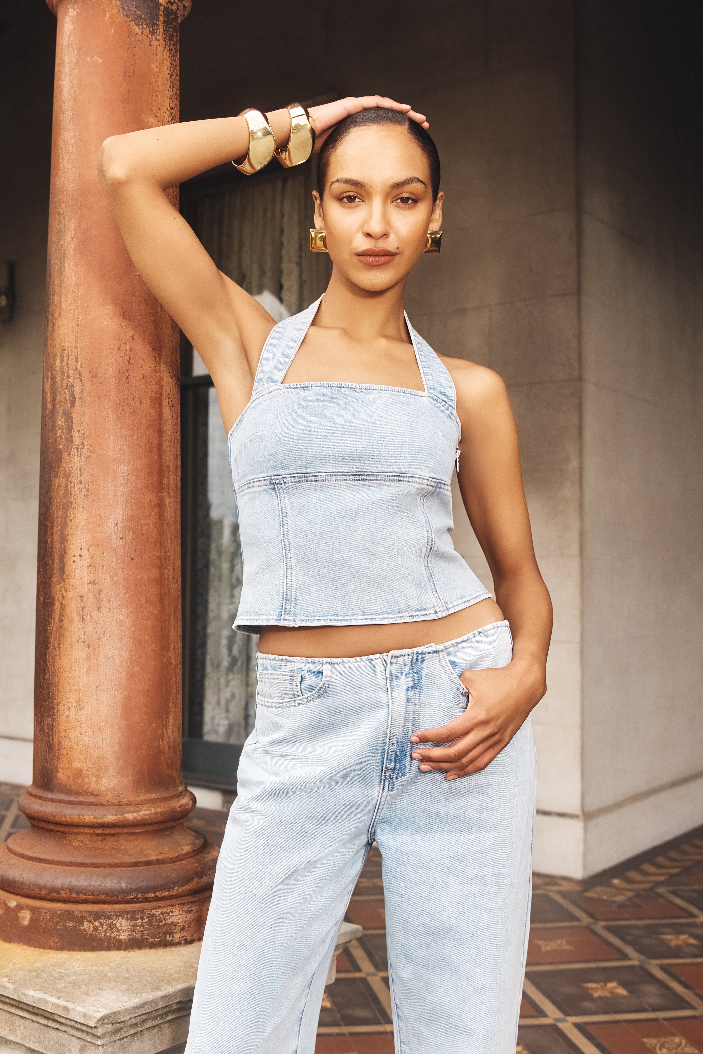 Levauro Dayna Denim Boyundan Bağlamalı Üst - Açık Mavi