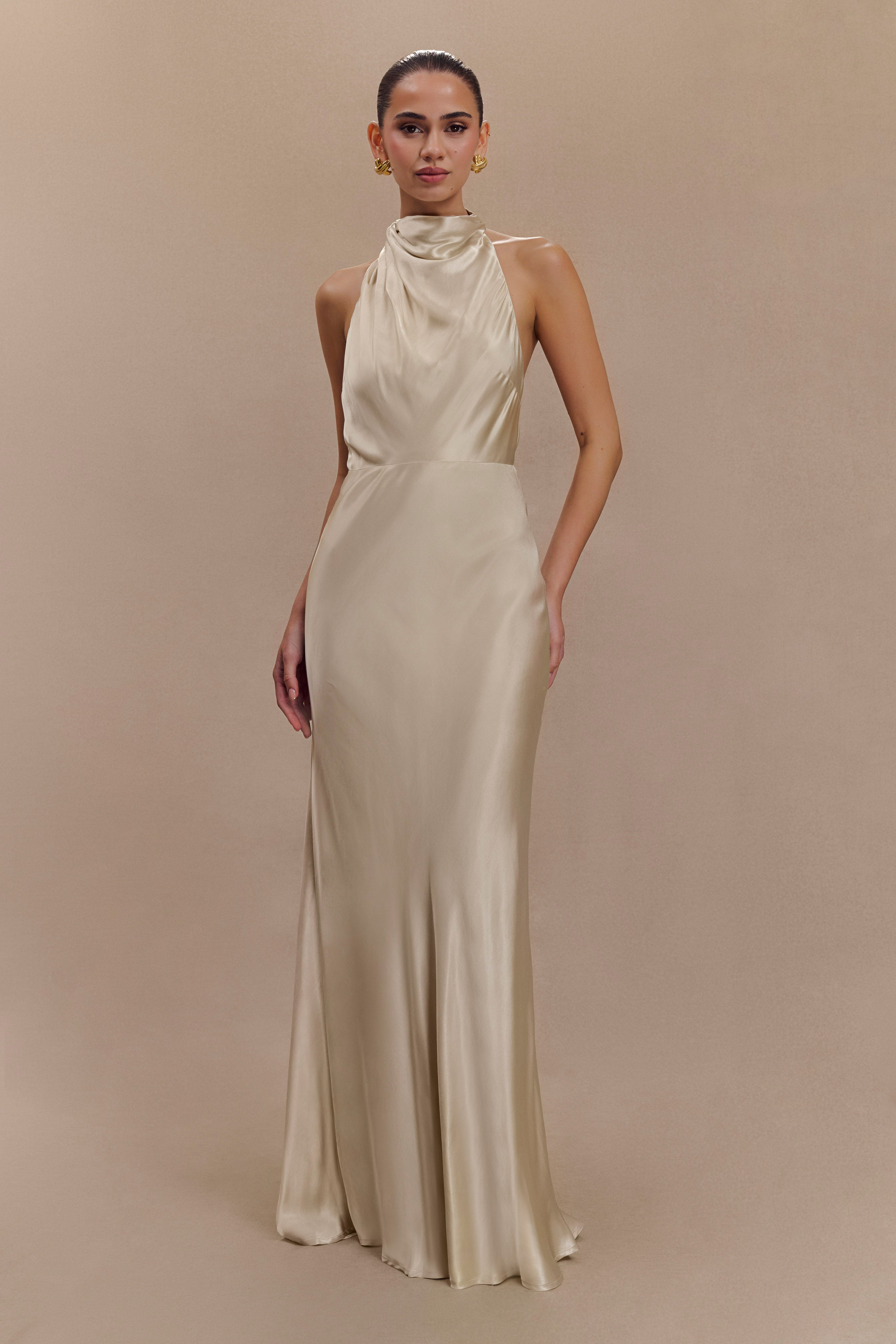 Levauro  Esther Yanardöner Saten Cowl Maxi Elbise - Altın