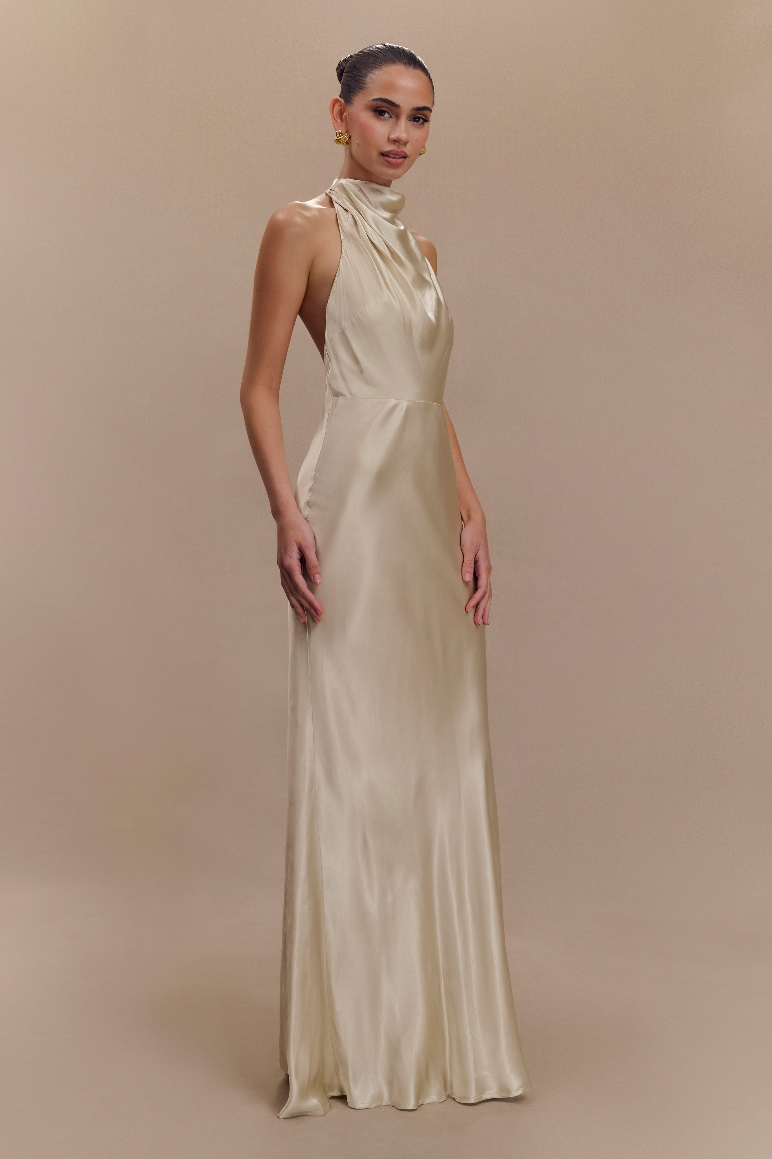 Levauro  Esther Yanardöner Saten Cowl Maxi Elbise - Altın