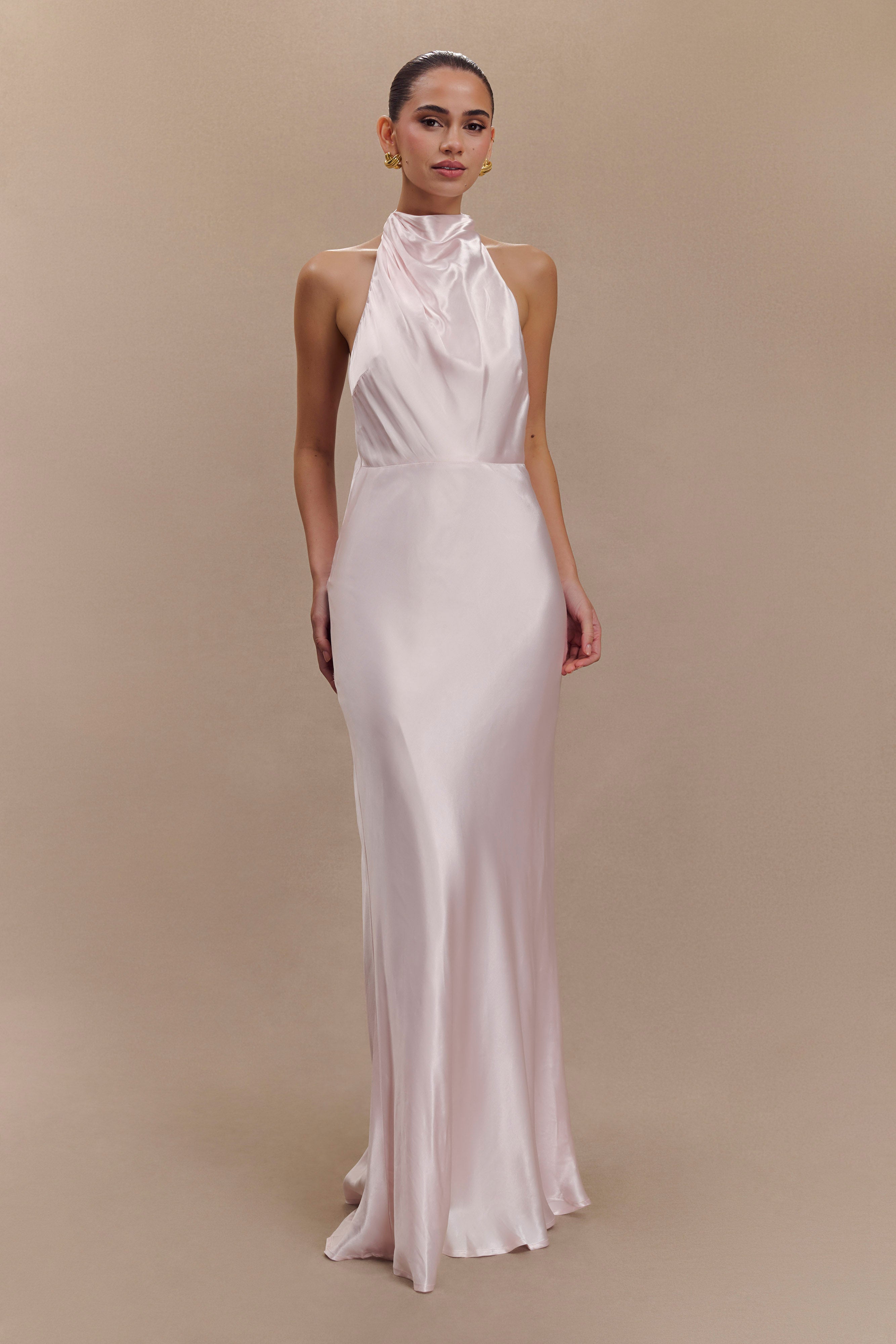 Levauro  Esther Yanardöner Saten Cowl Maxi Elbise - Soluk Pembe