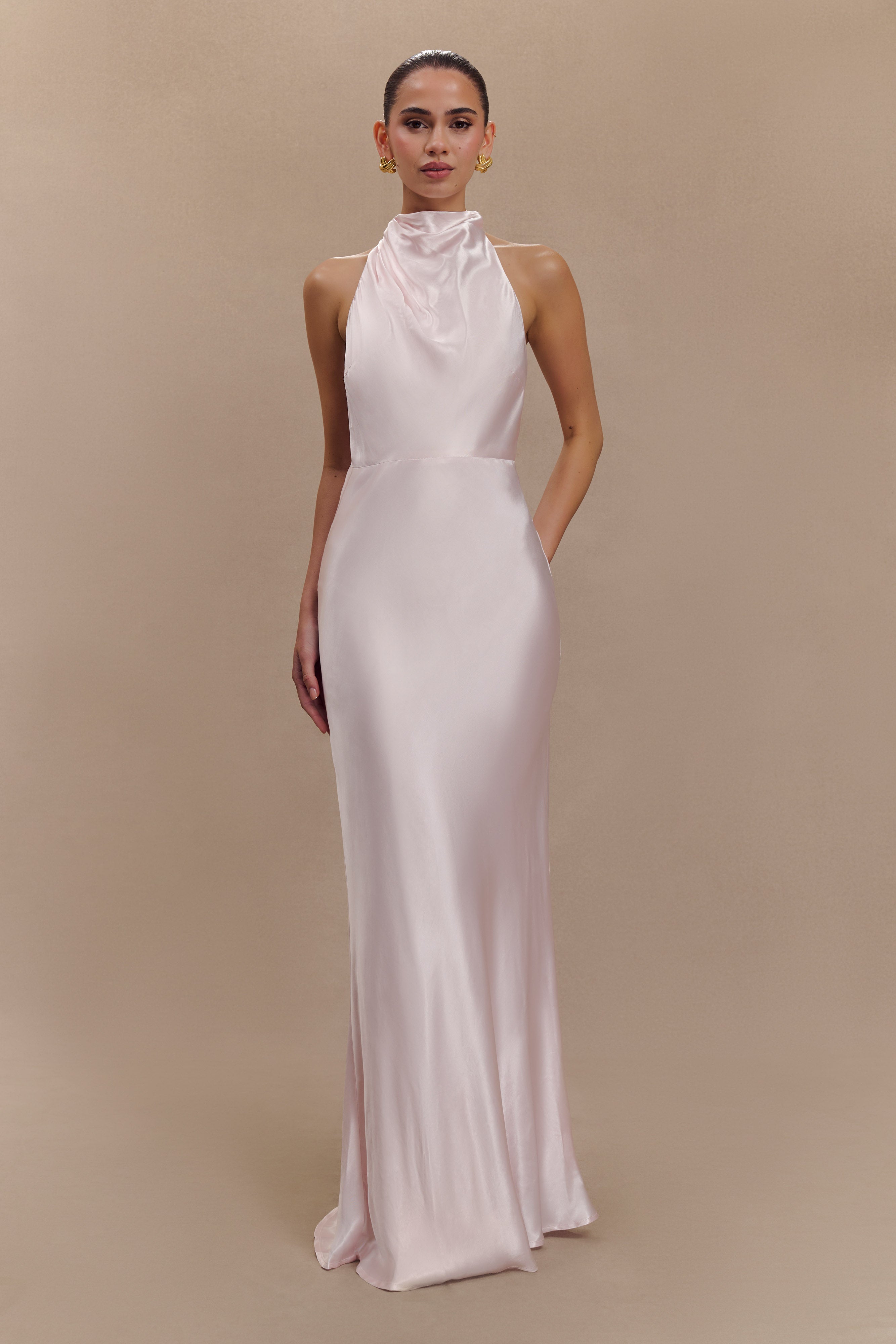 Levauro  Esther Yanardöner Saten Cowl Maxi Elbise - Soluk Pembe