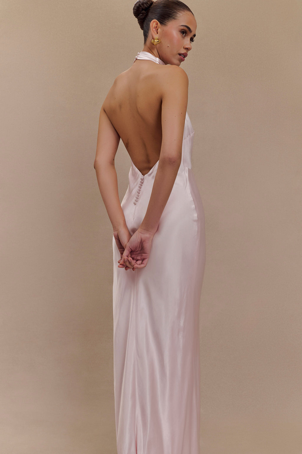 Levauro  Esther Yanardöner Saten Cowl Maxi Elbise - Soluk Pembe