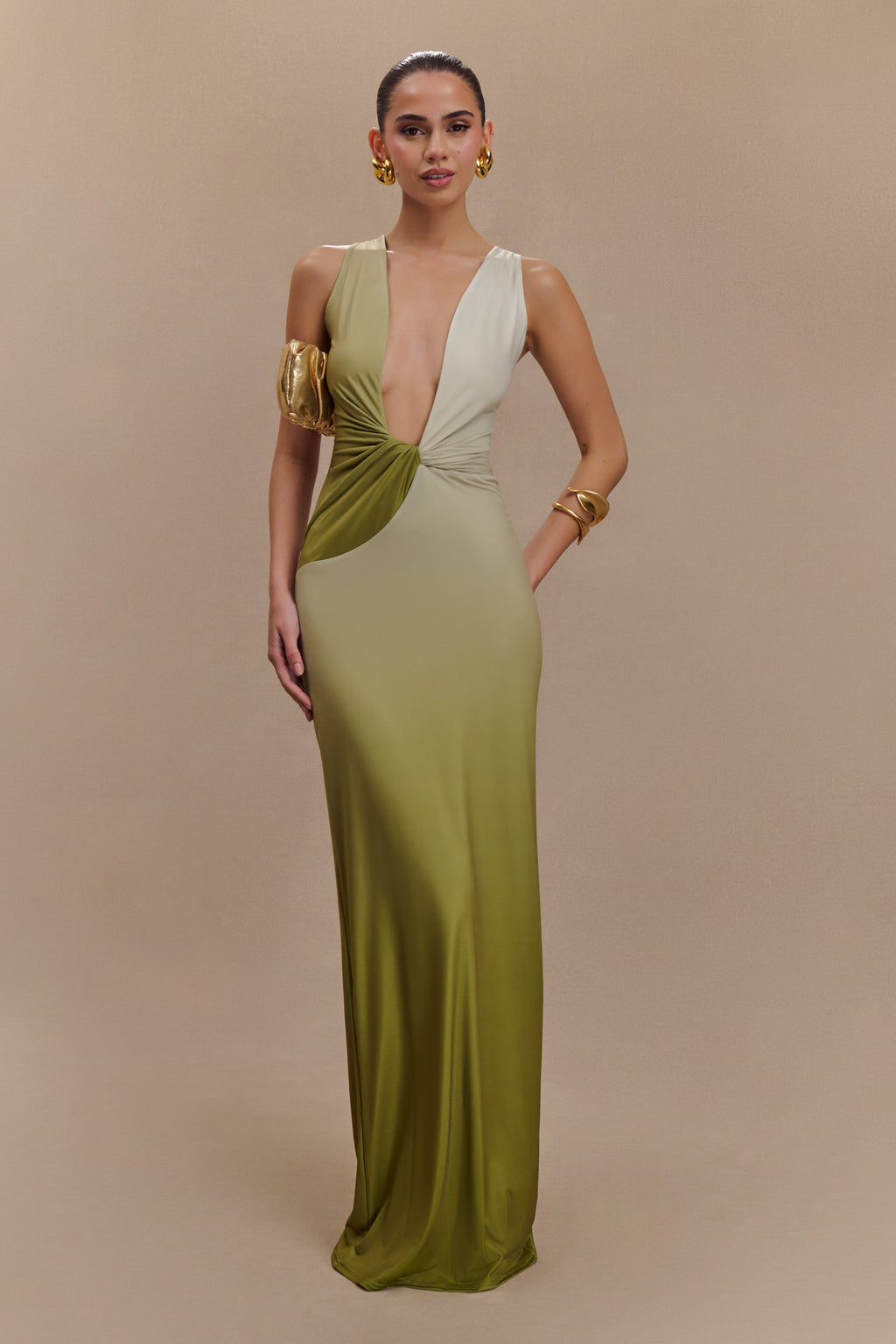 Levauro Stella Drapeli Dar Maxi Elbise - Ombre Vintage Zeytin