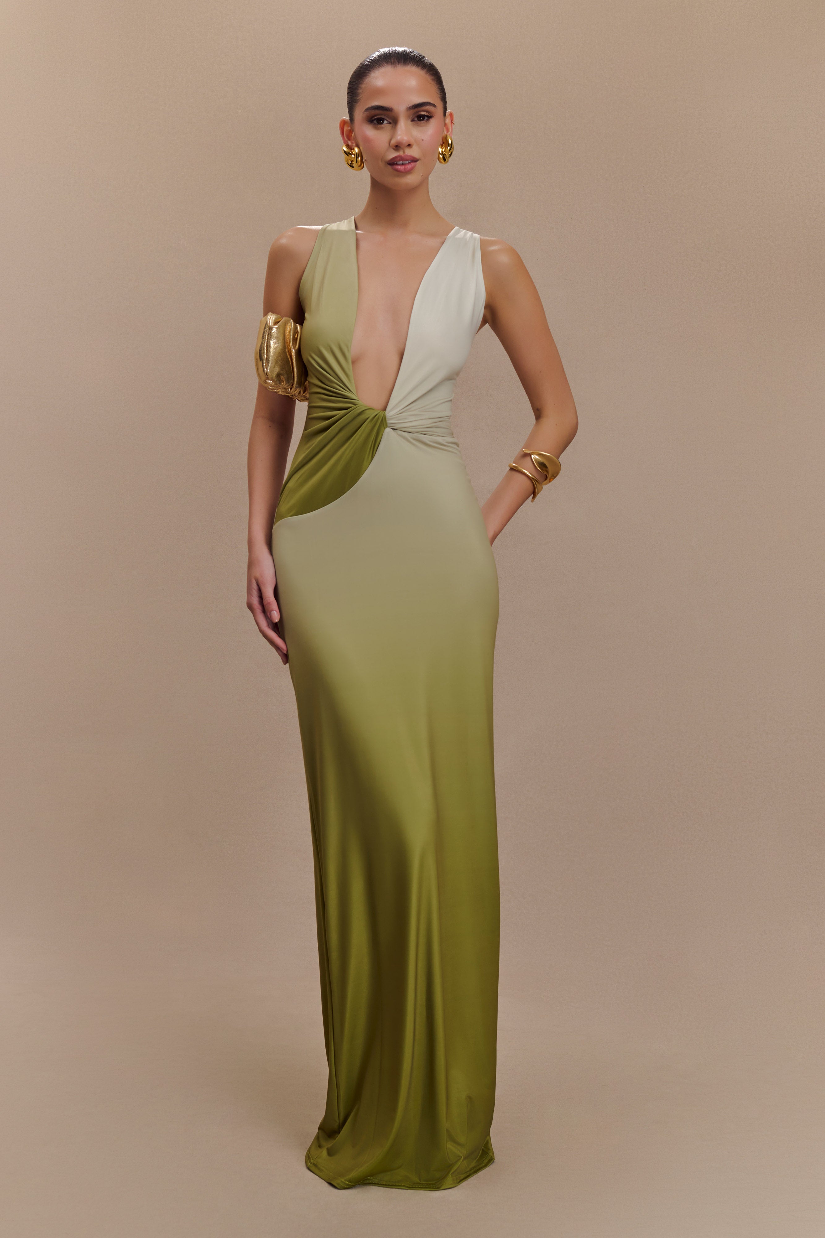 Levauro Stella Drapeli Dar Maxi Elbise - Ombre Vintage Zeytin