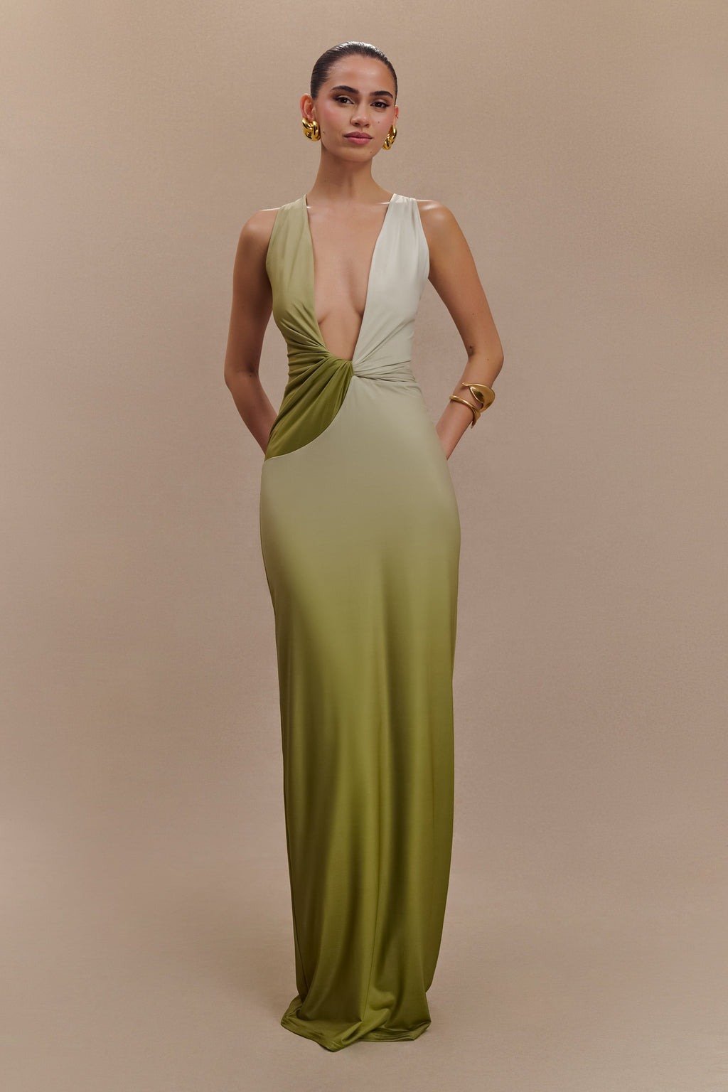 Levauro Stella Drapeli Dar Maxi Elbise - Ombre Vintage Zeytin