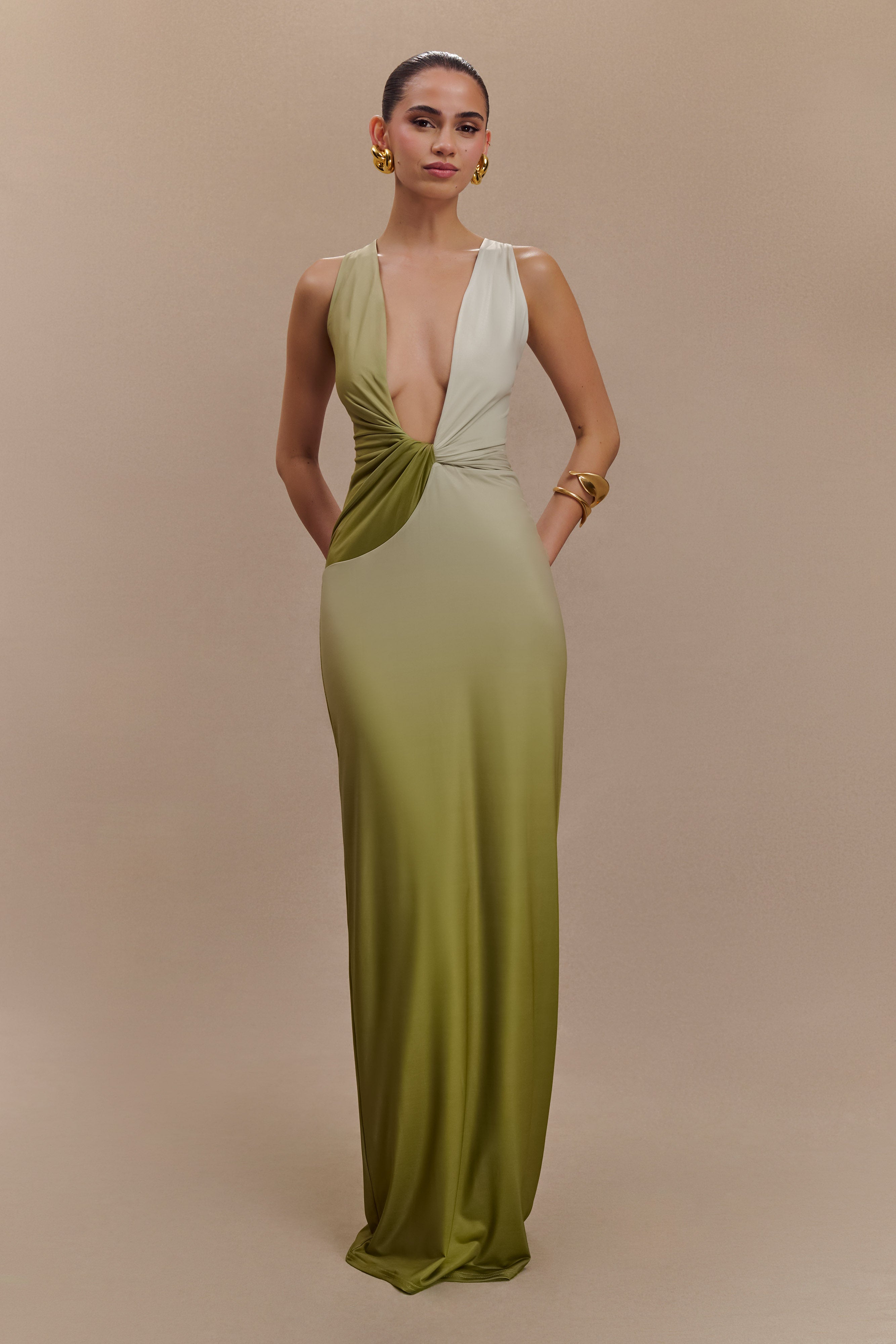 Levauro Stella Drapeli Dar Maxi Elbise - Ombre Vintage Zeytin