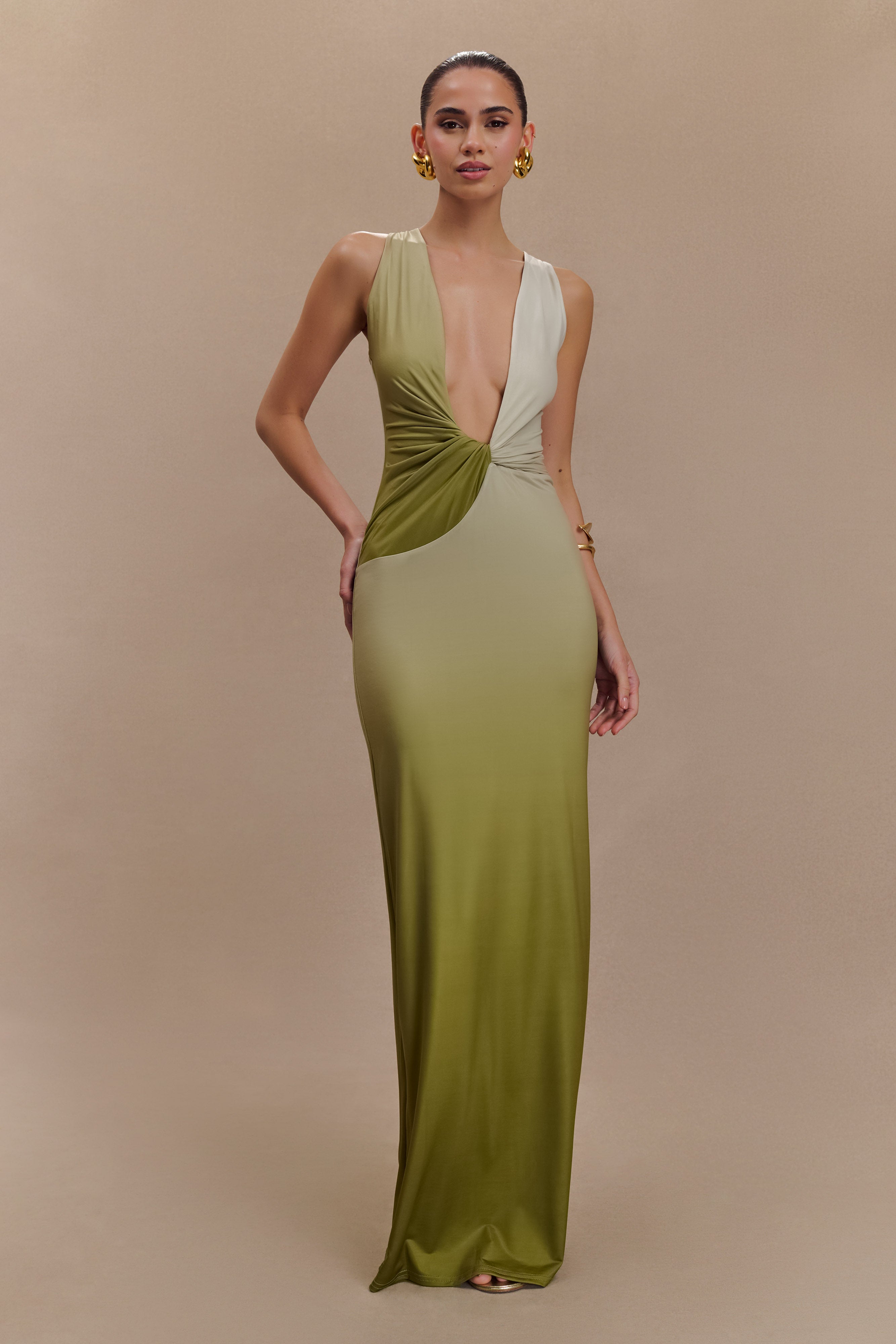 Levauro Stella Drapeli Dar Maxi Elbise - Ombre Vintage Zeytin