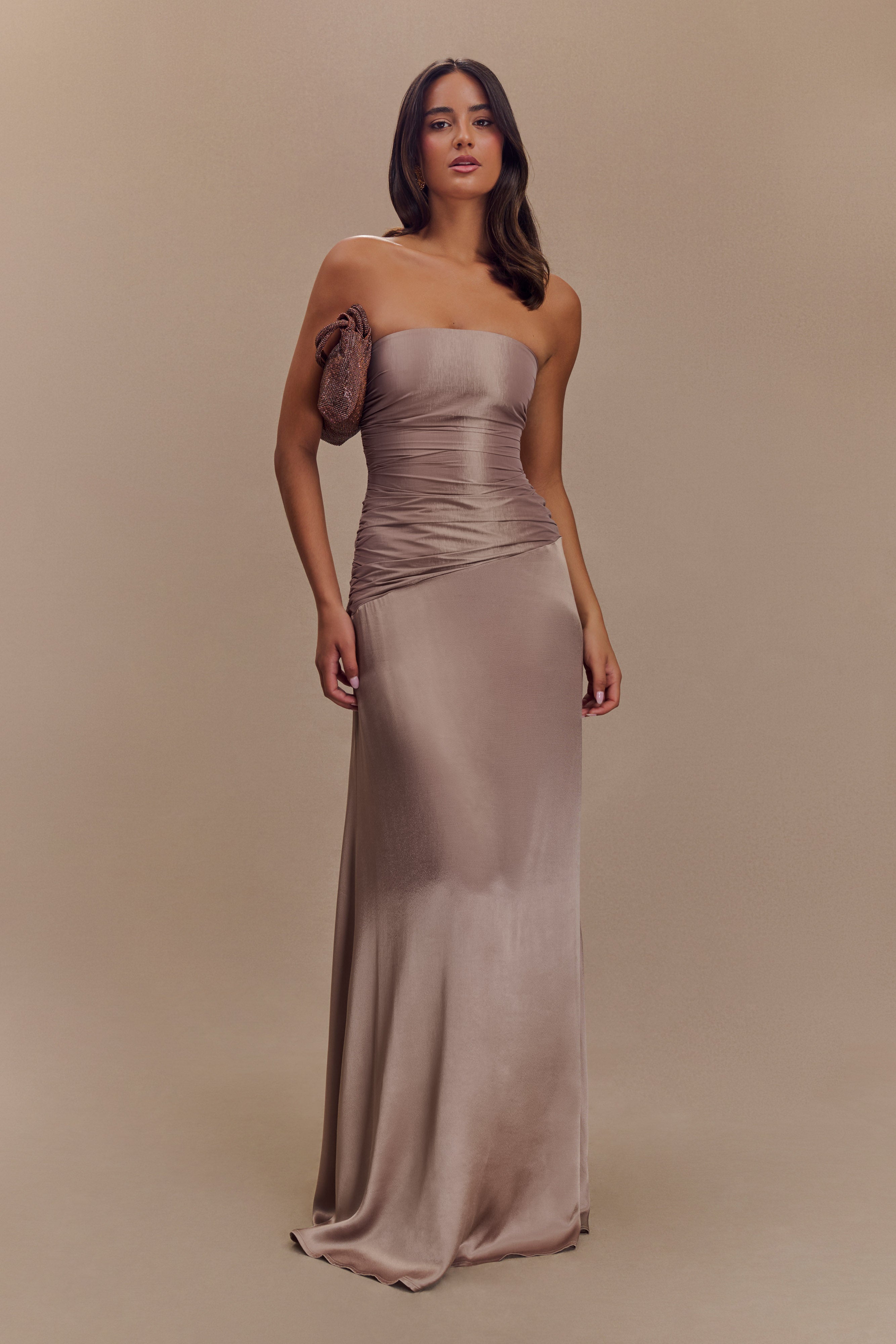 Levauro Serena Straplez Tafta Maxi Elbise - Bronz Taupe