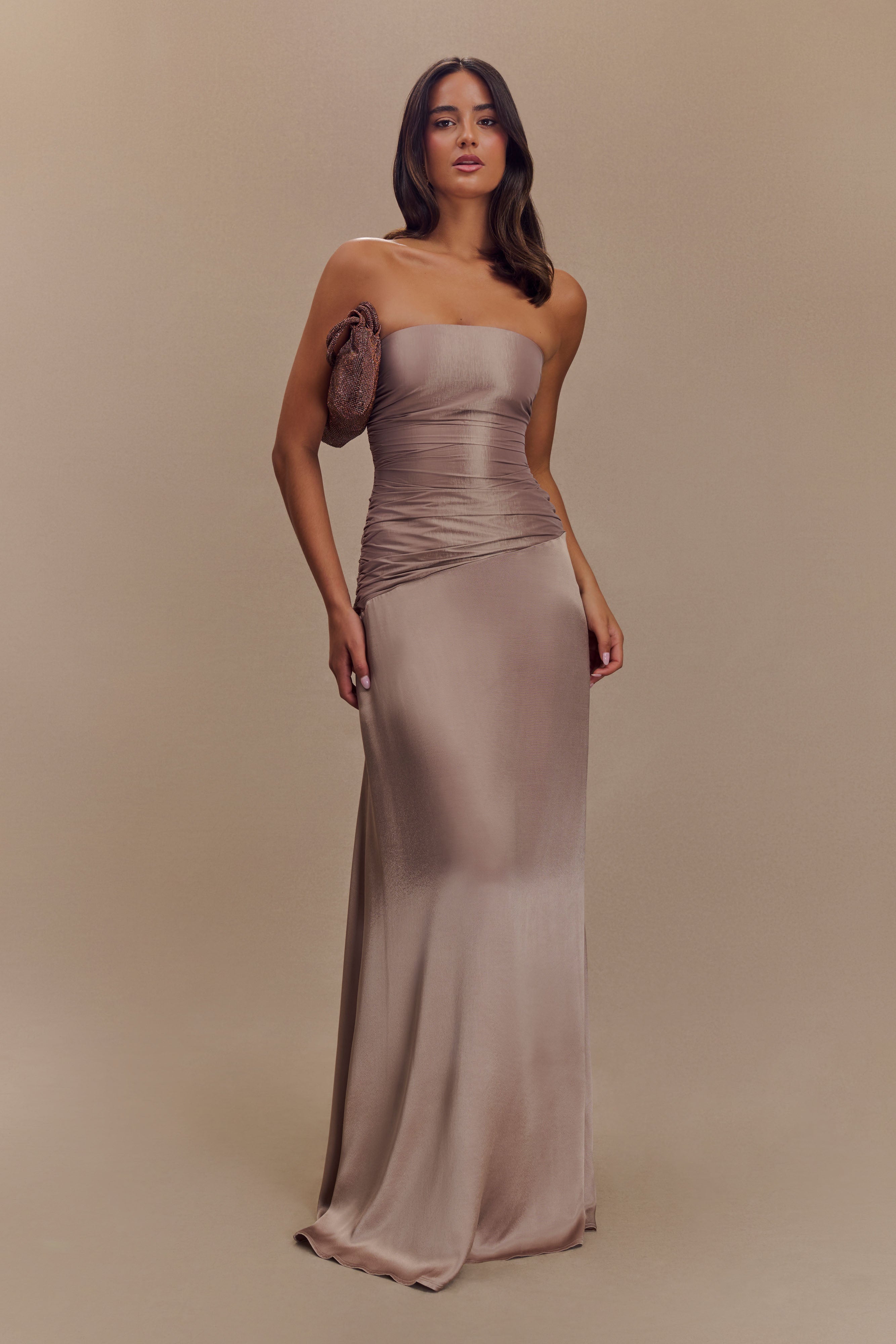 Levauro Serena Straplez Tafta Maxi Elbise - Bronz Taupe