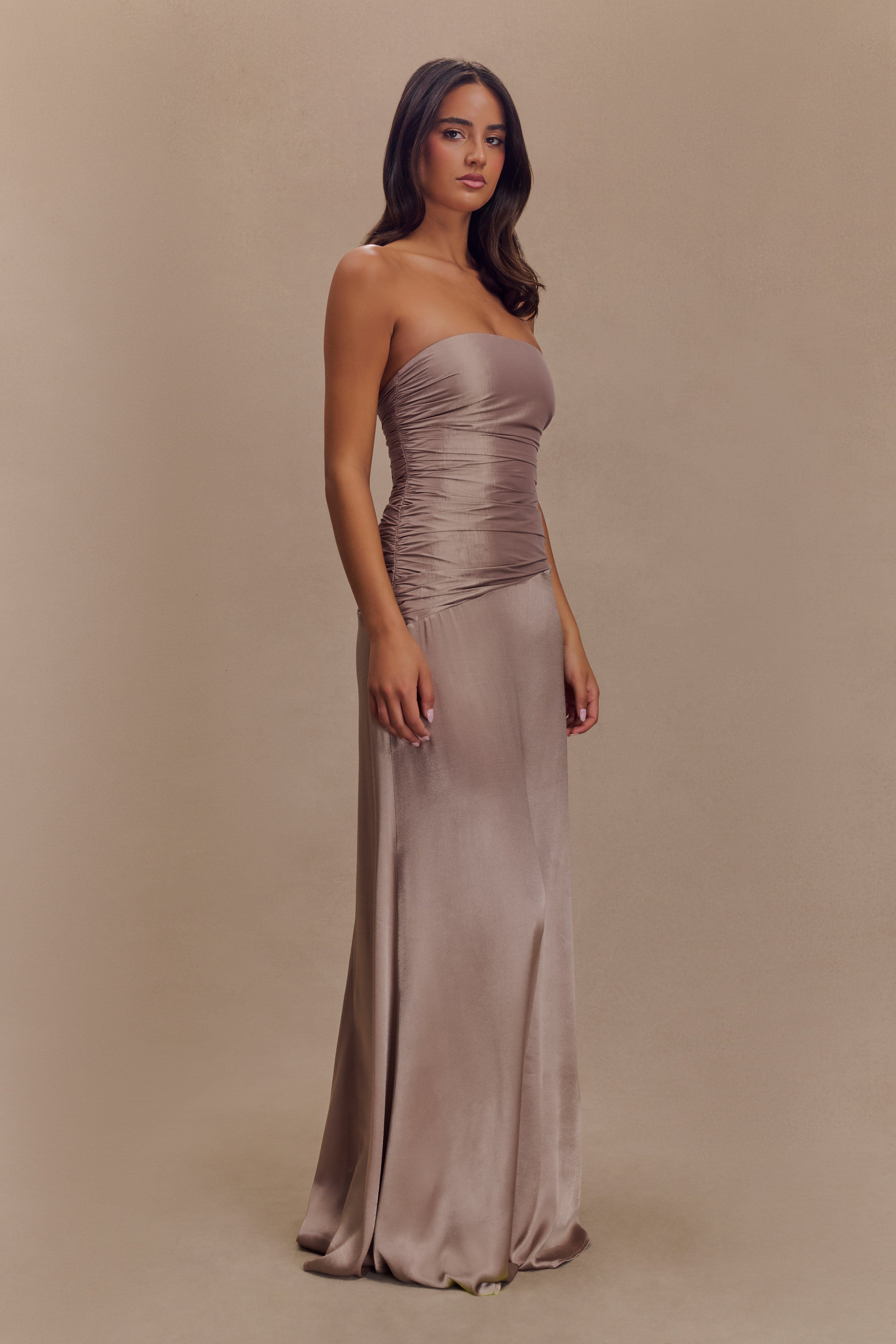 Levauro Serena Straplez Tafta Maxi Elbise - Bronz Taupe