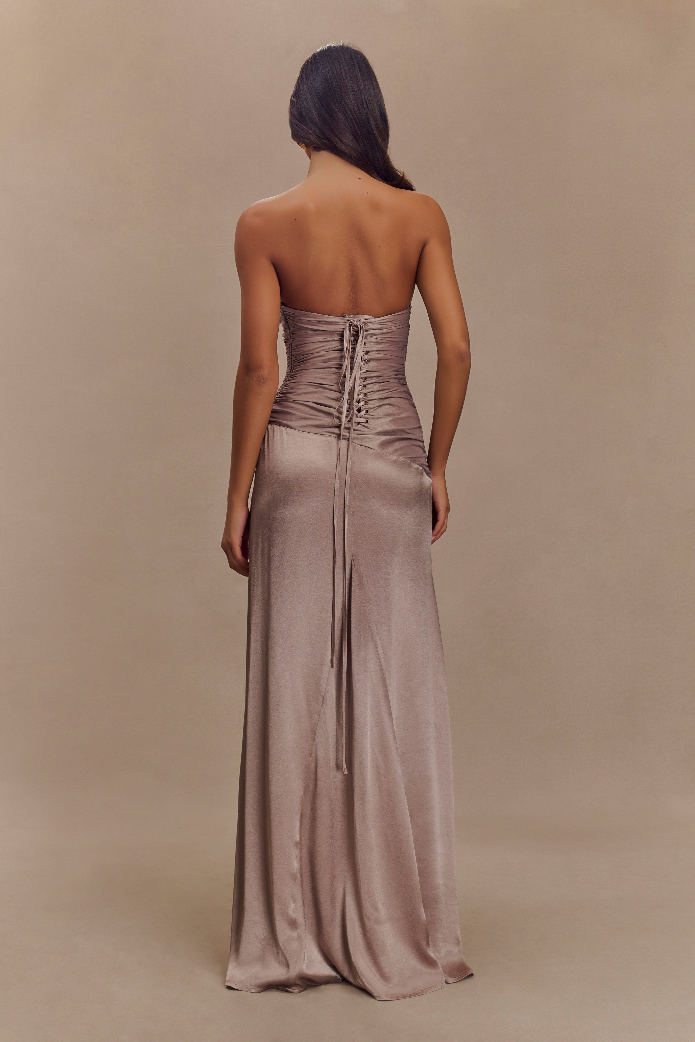 Levauro Serena Straplez Tafta Maxi Elbise - Bronz Taupe