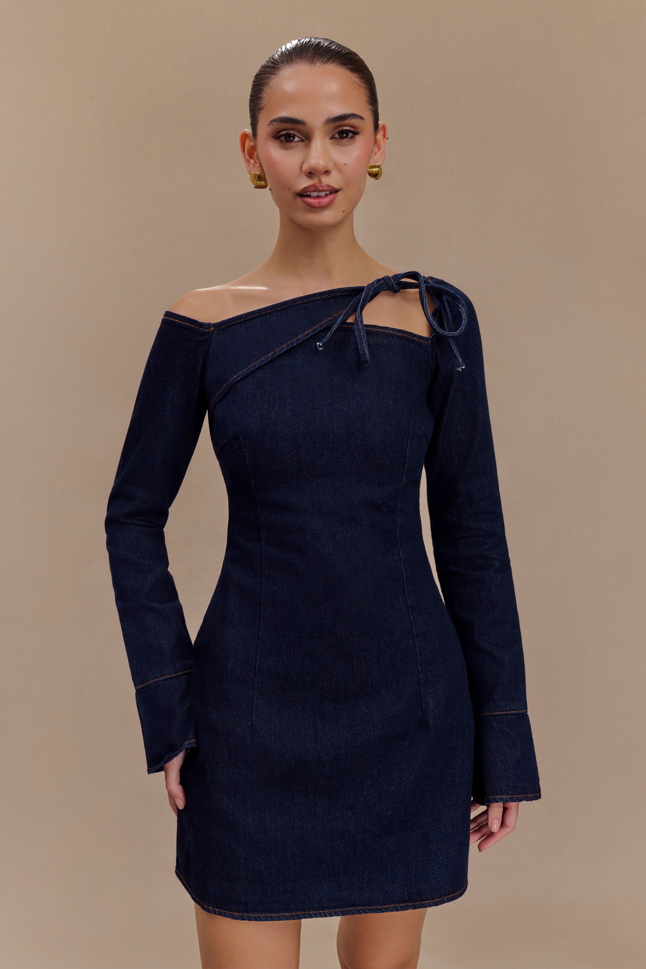 Levauro  Cece Bağcıklı Denim Mini Elbise - İndigo Mavi