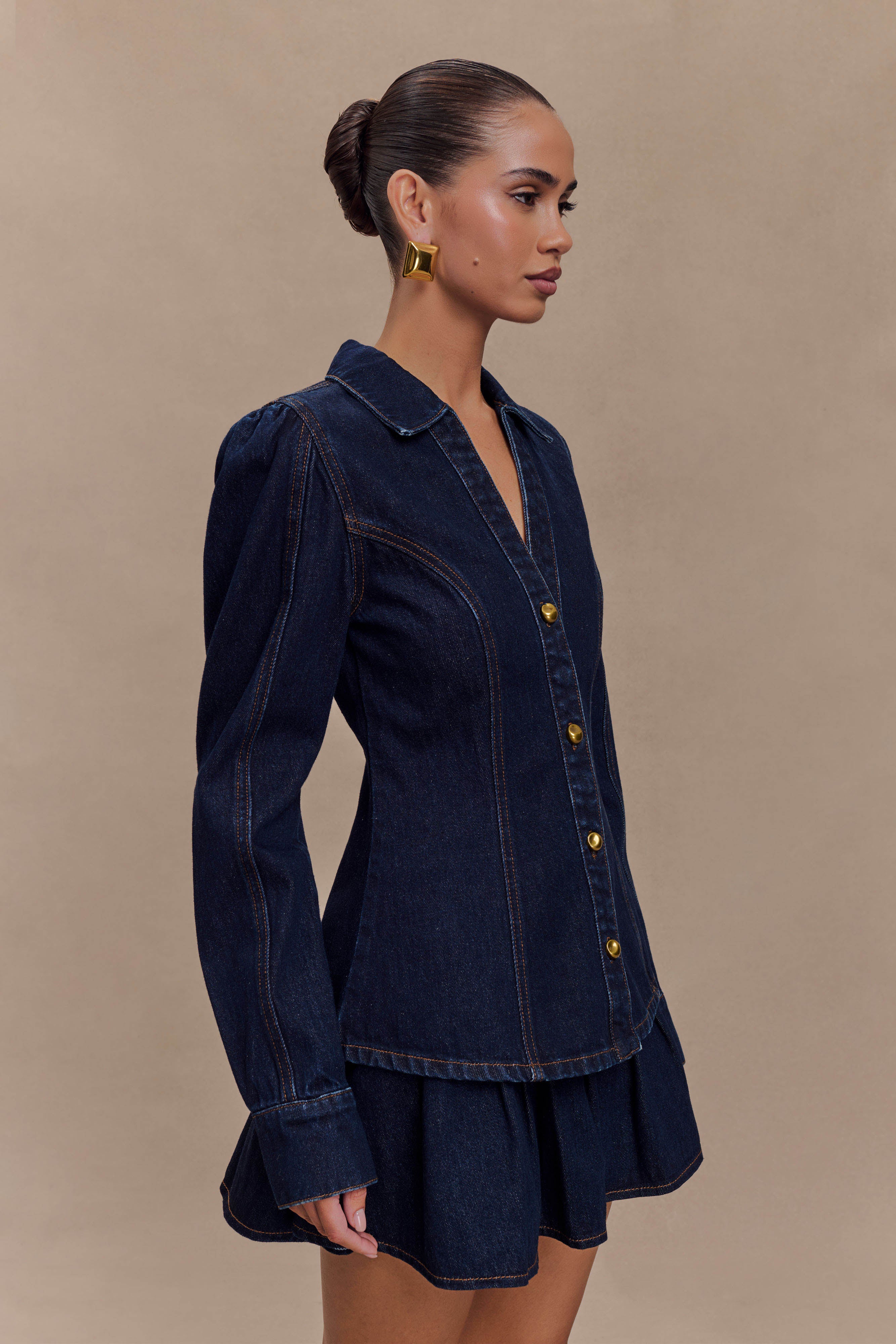 Levauro Hilary Uzun Kollu Denim Üst - İndigo Mavi