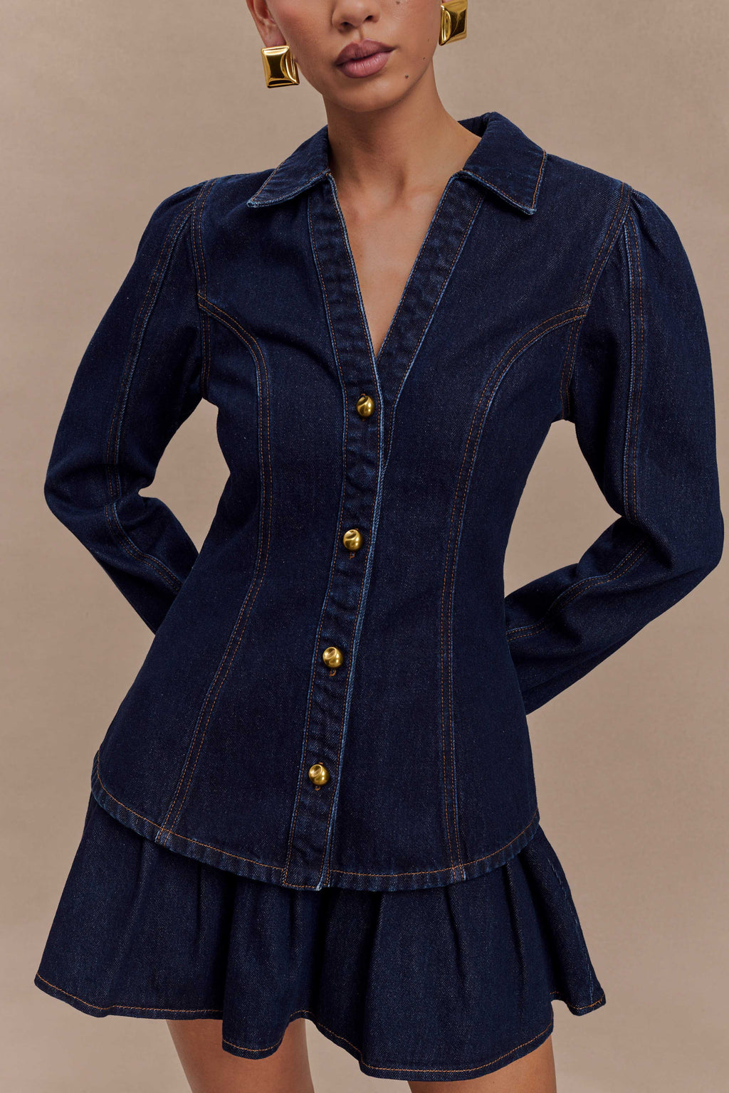 Levauro Candice Pileli Denim Mini Etek - İndigo Mavi