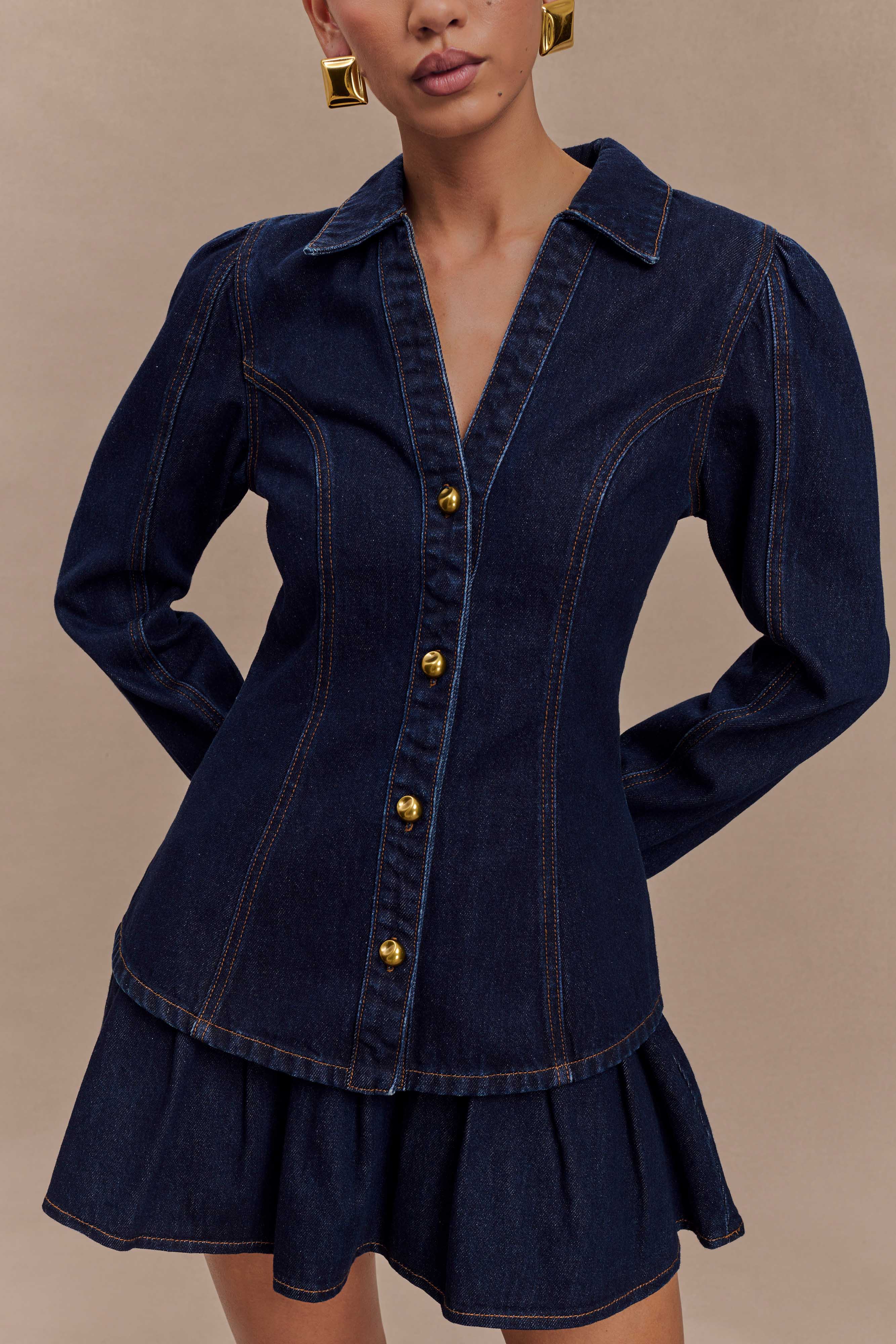 Levauro Candice Pileli Denim Mini Etek - İndigo Mavi