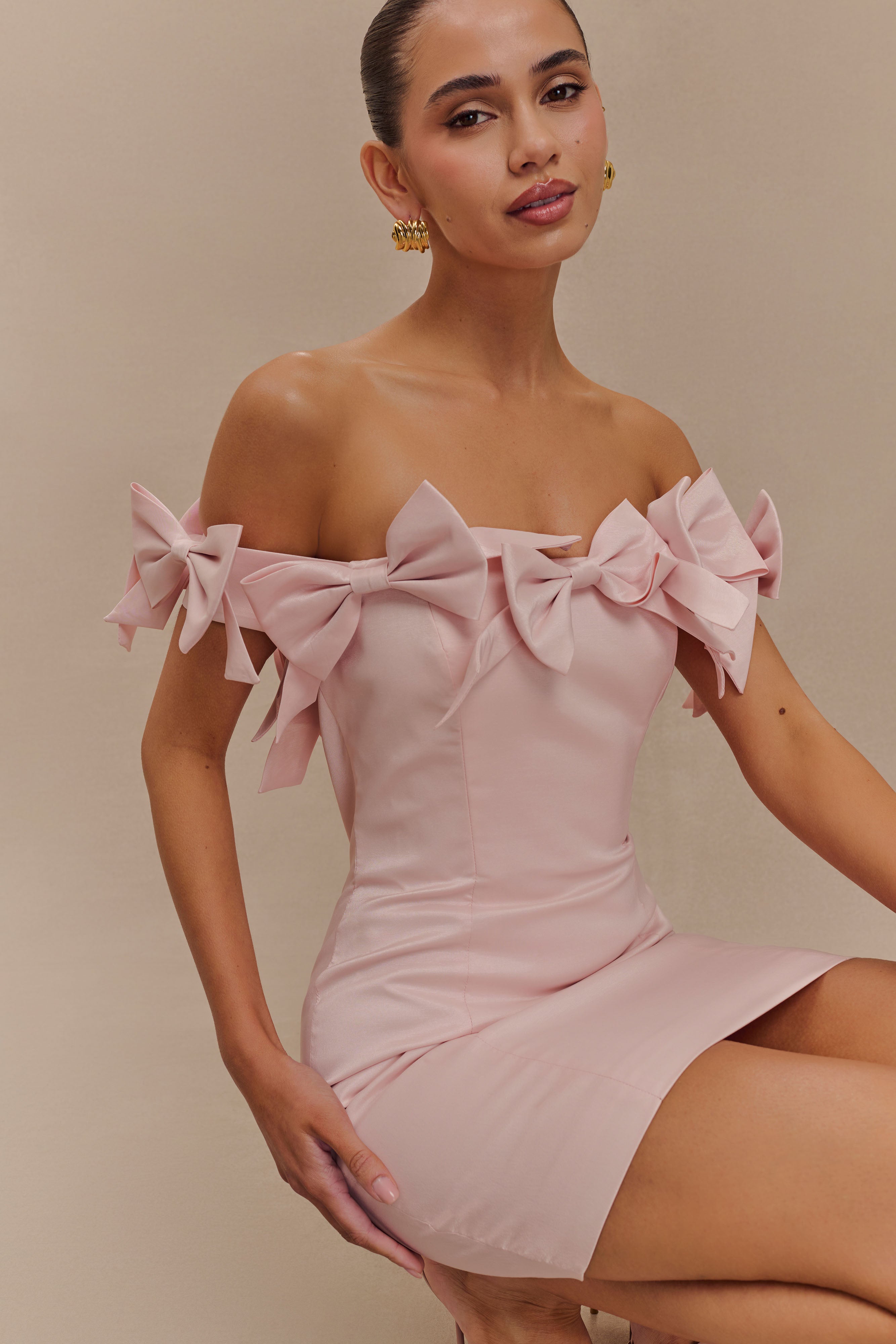 Levauro Rose Straplez Fiyonklu Mini Elbise - Pudra