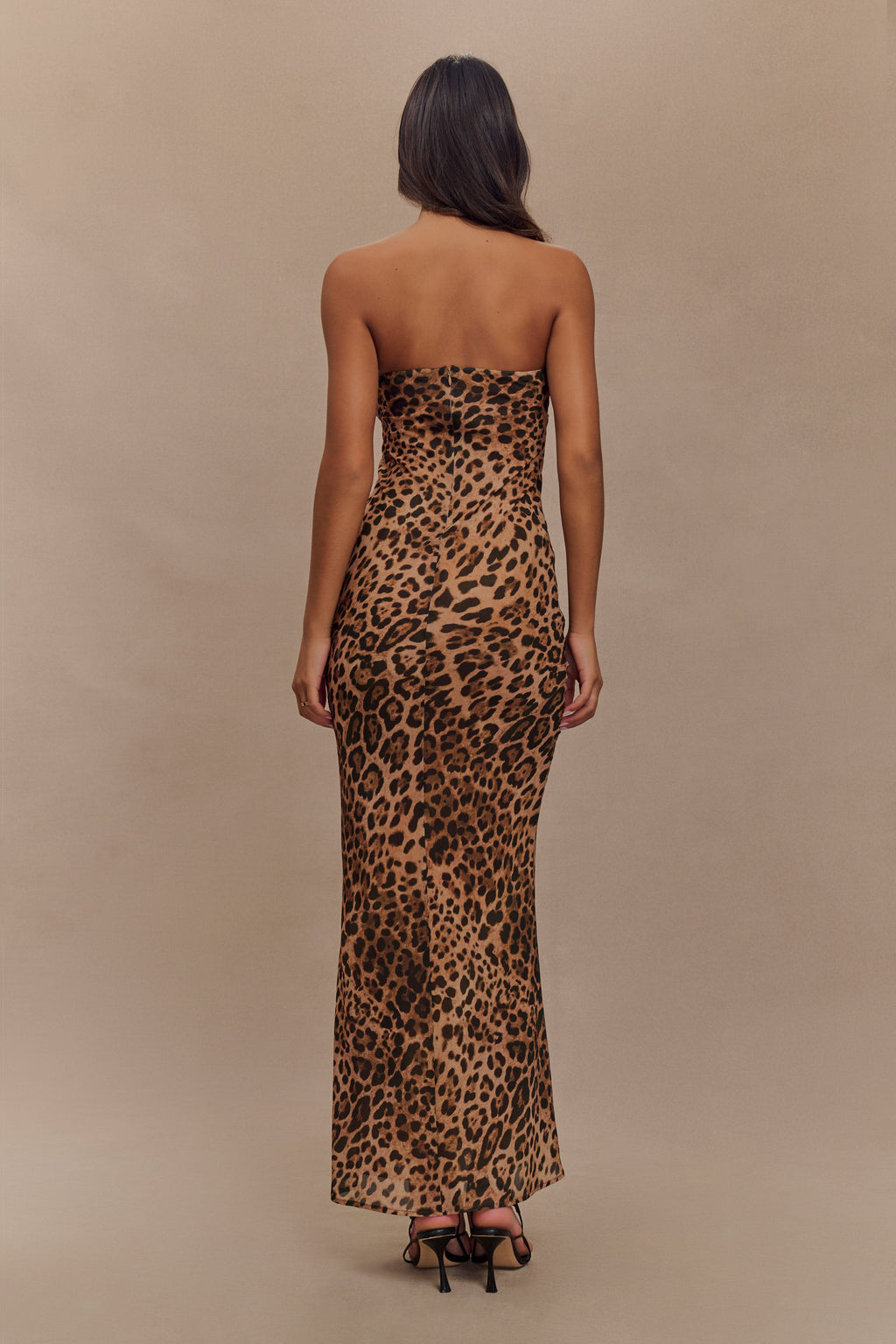 Levauro Breanna Straplez Şifon Maxi Elbise - Leopar Desenli