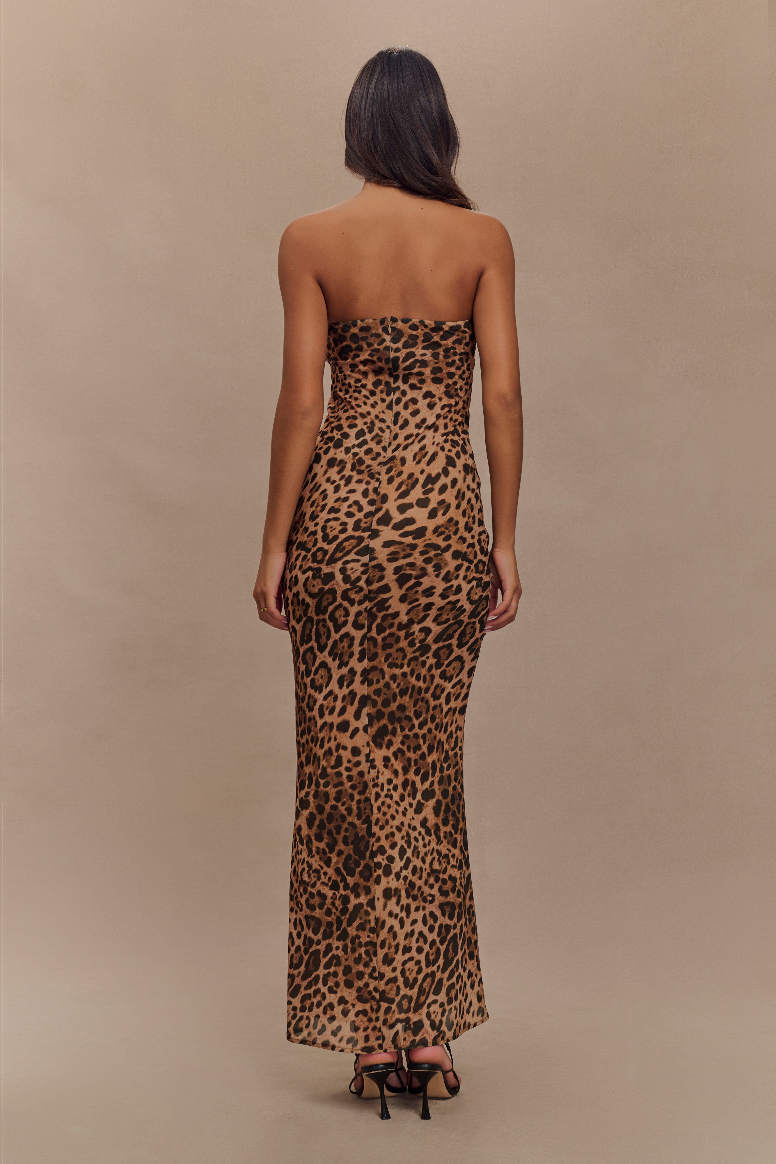 Levauro Breanna Straplez Şifon Maxi Elbise - Leopar Desenli