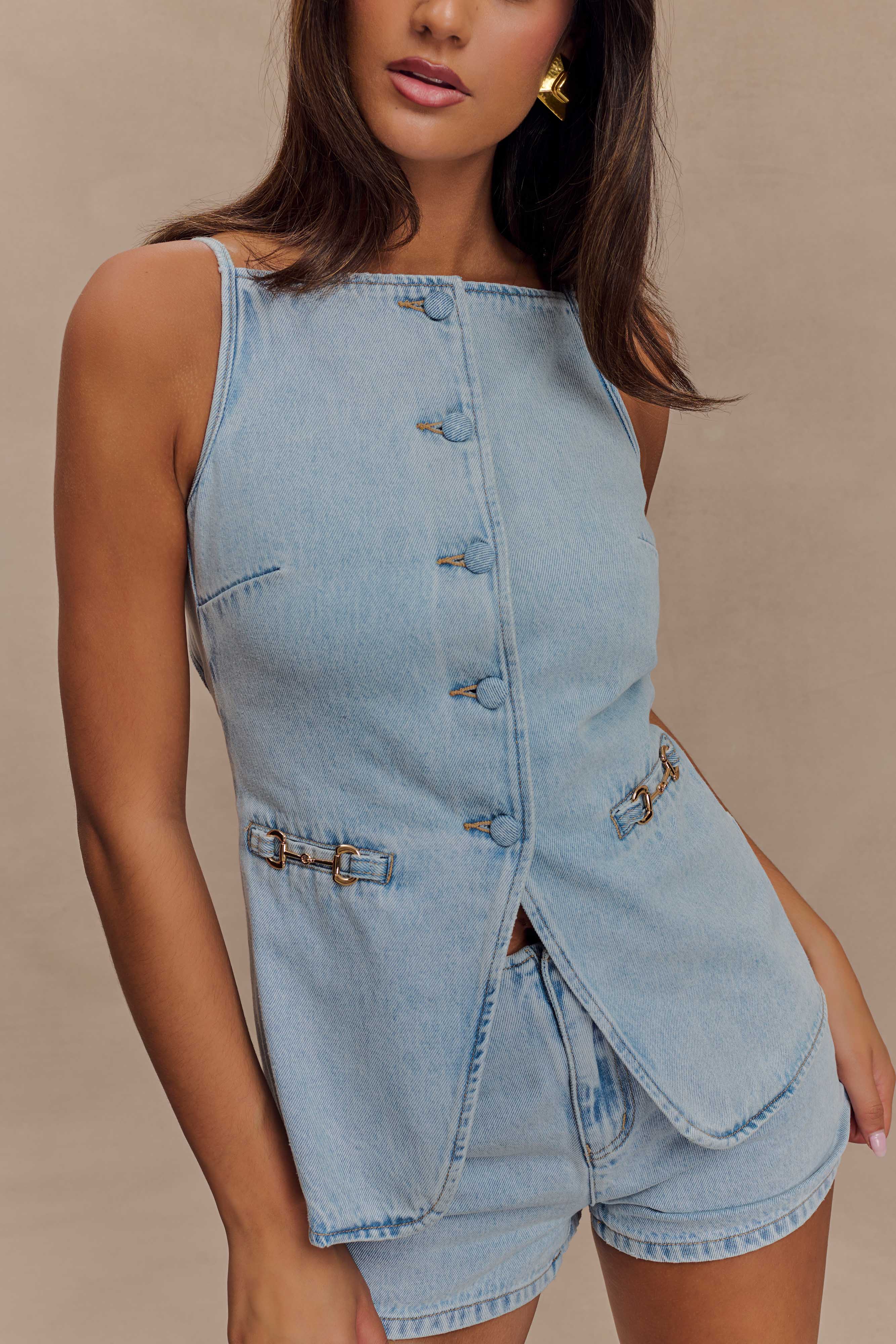 Levauro Ashton Kolsuz Düğmeli Denim Üst - Açık Mavi