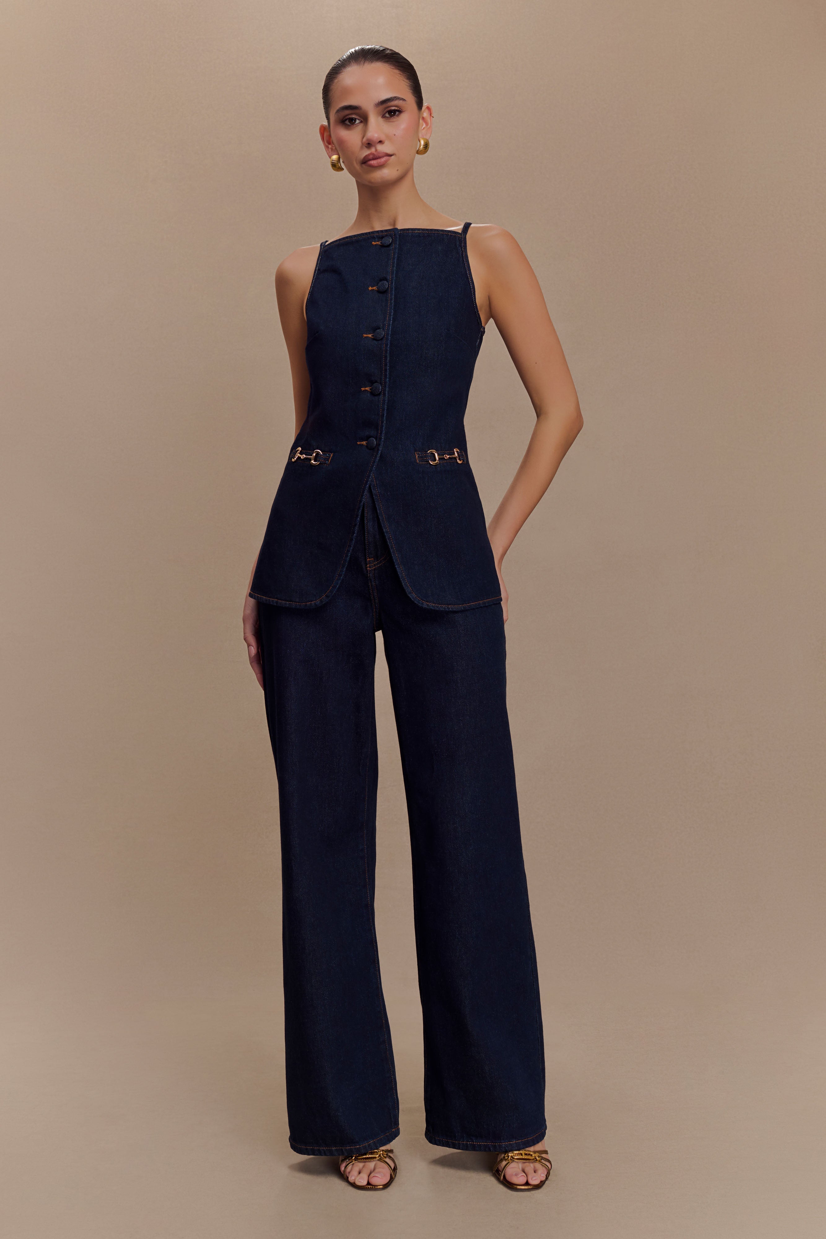 Levauro Ashton Kolsuz Düğmeli Denim Üst - İndigo Mavi