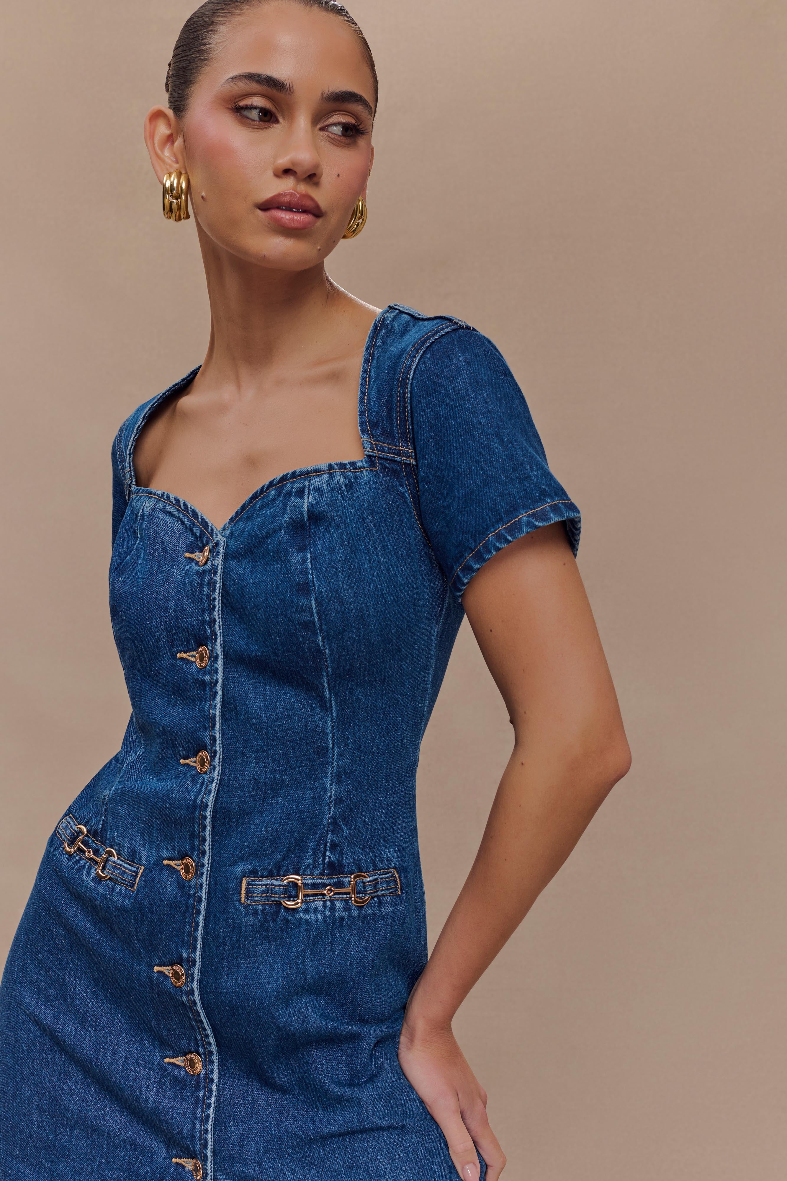 Levauro Monica Sweetheart Denim Mini Elbise - Koyu Mavi