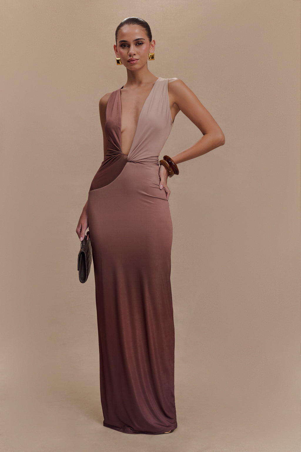 Levauro Stella Drapeli Dar Maxi Elbise - Mocha Ombre