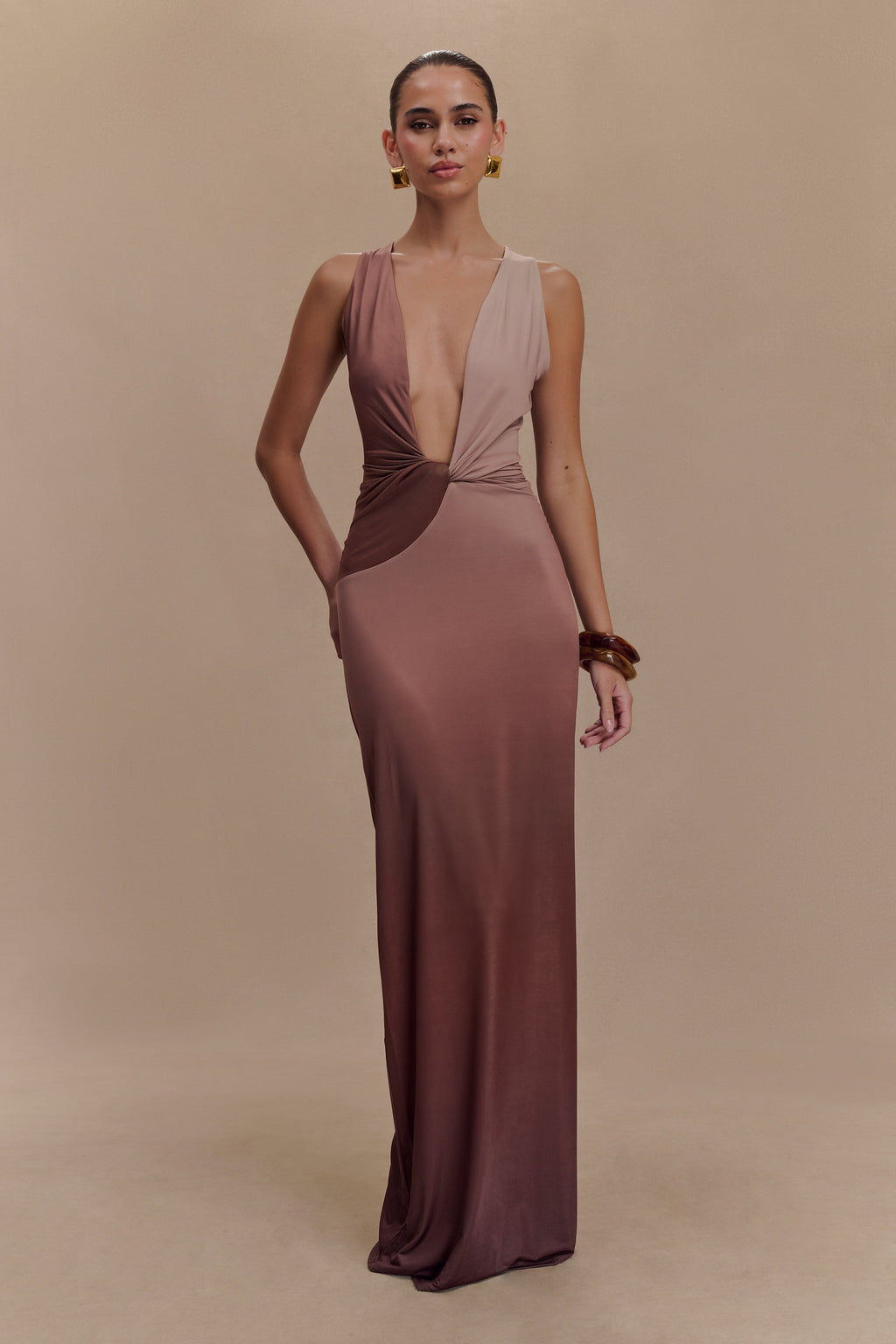 Levauro Stella Drapeli Dar Maxi Elbise - Mocha Ombre
