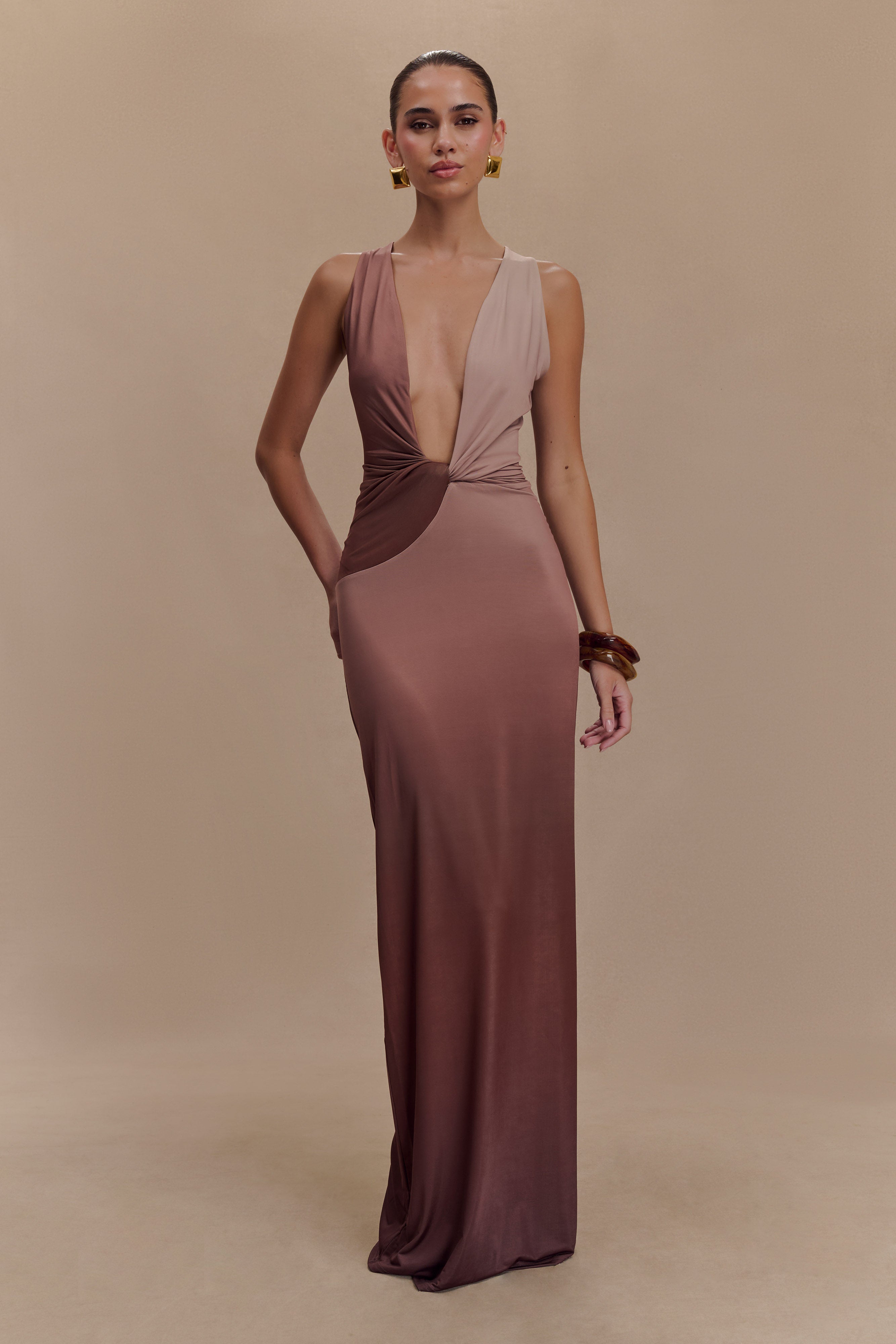 Levauro Stella Drapeli Dar Maxi Elbise - Mocha Ombre