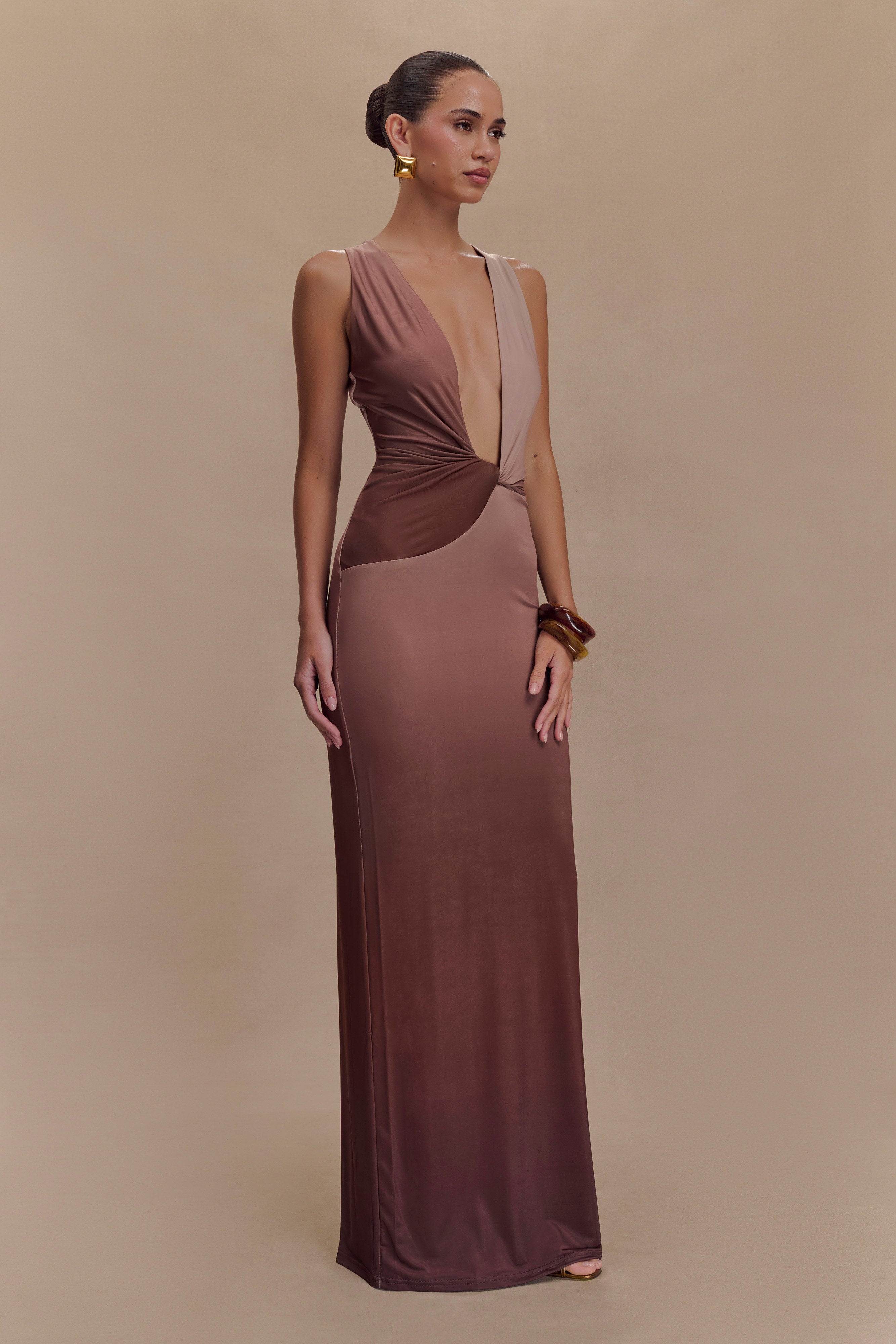 Levauro Stella Drapeli Dar Maxi Elbise - Mocha Ombre
