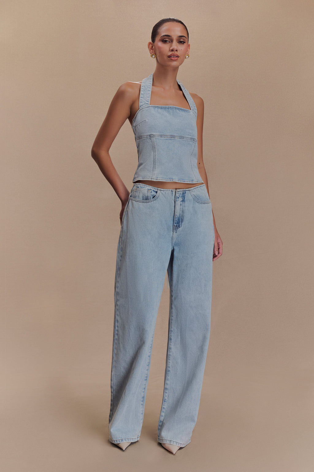 Levauro Dayna Denim Boyundan Bağlamalı Üst - Açık Mavi
