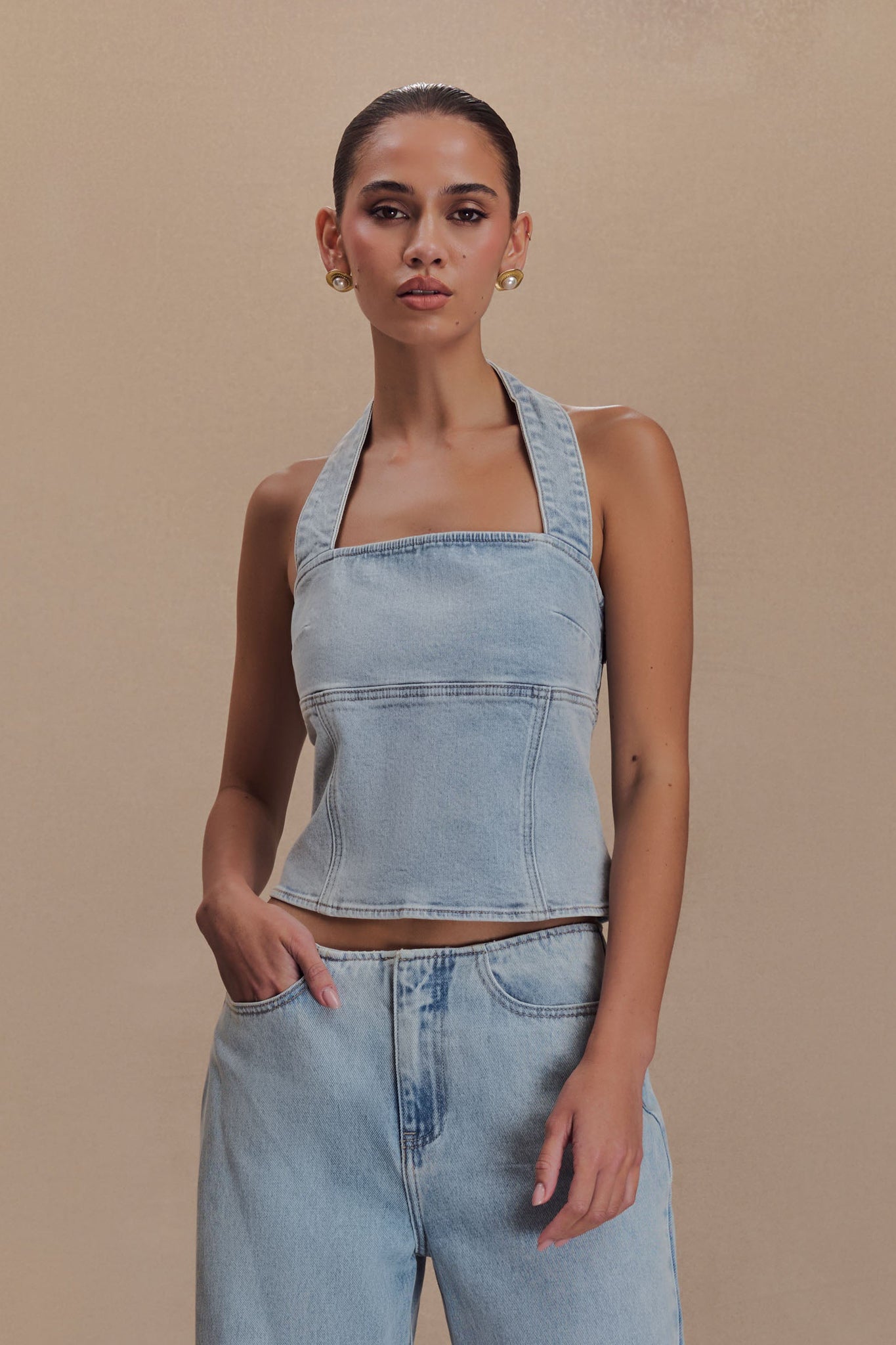 Levauro Dayna Denim Boyundan Bağlamalı Üst - Açık Mavi