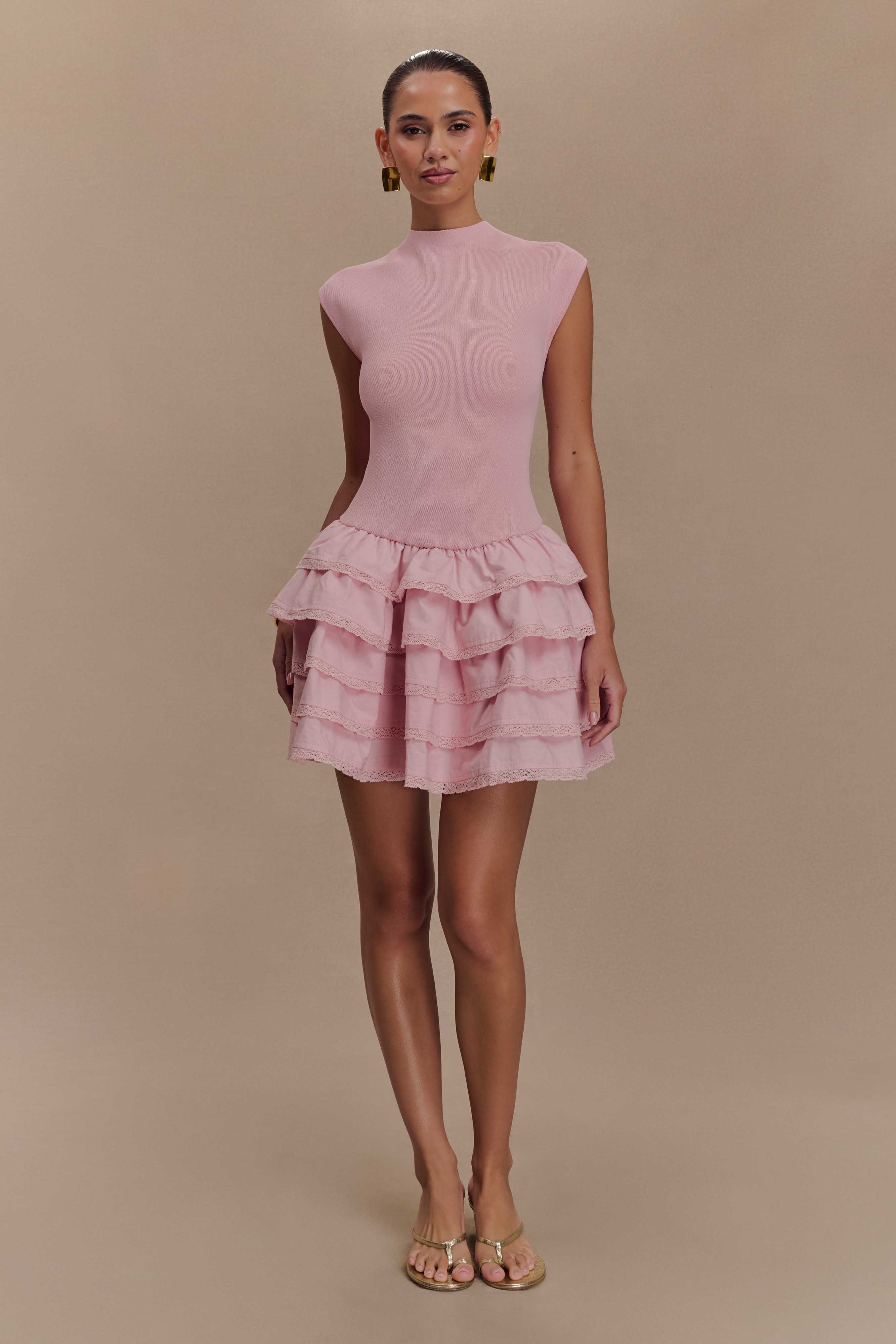 Levauro Maeve Fırfırlı Örgü Mini Elbise - Toz Pembe