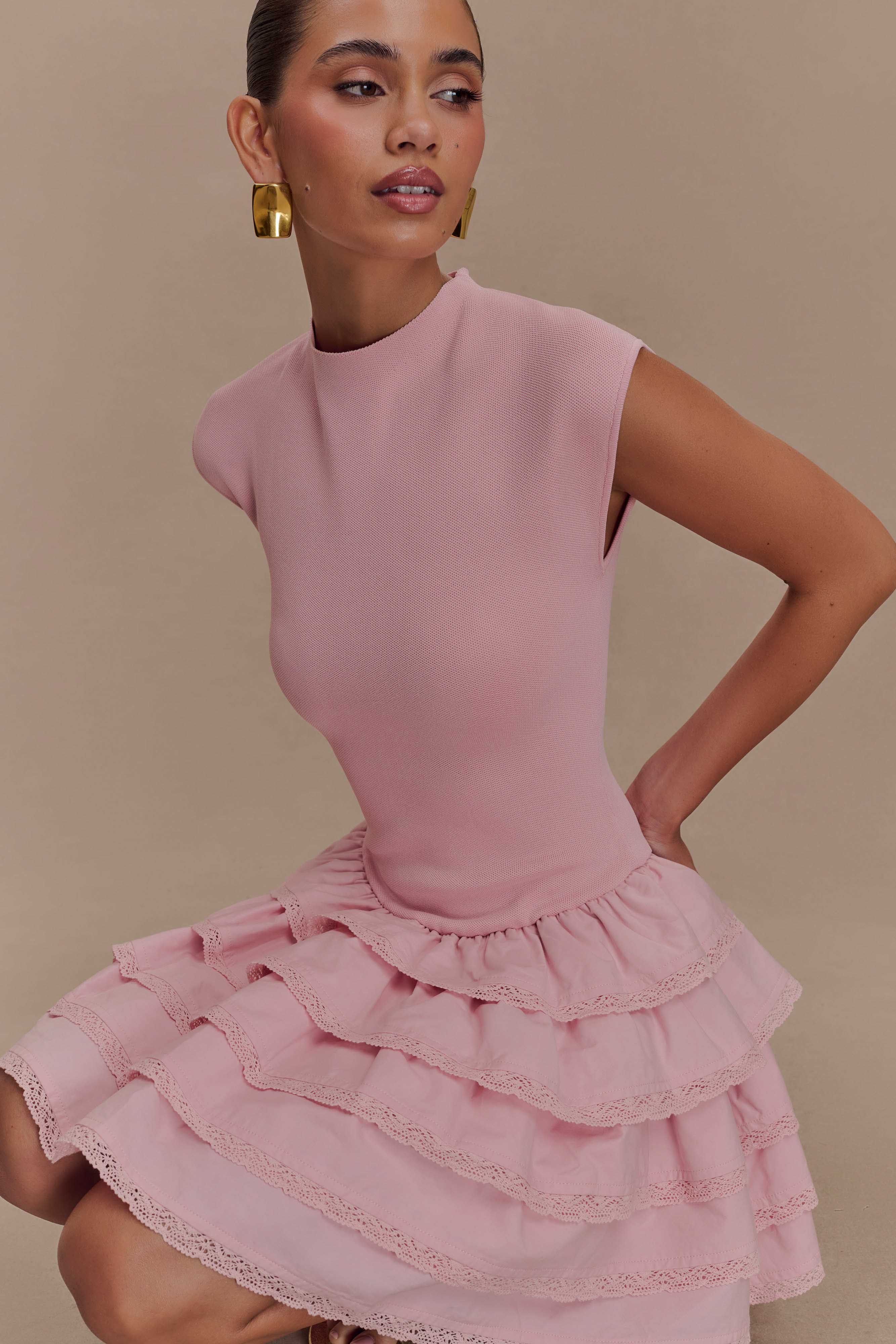 Levauro Maeve Fırfırlı Örgü Mini Elbise - Toz Pembe
