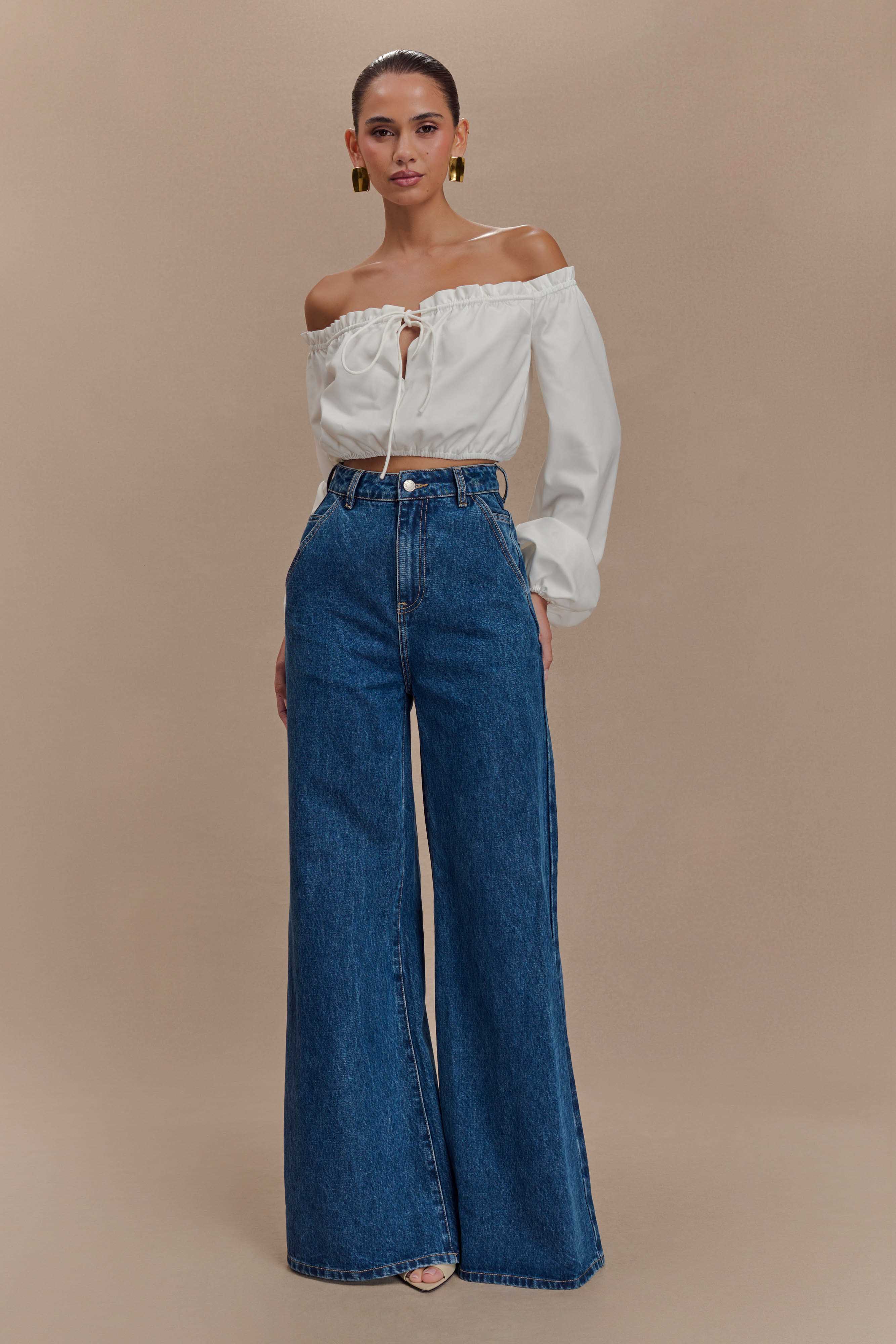 Levauro  Salome Düşük Omuz Crop Top - Beyaz