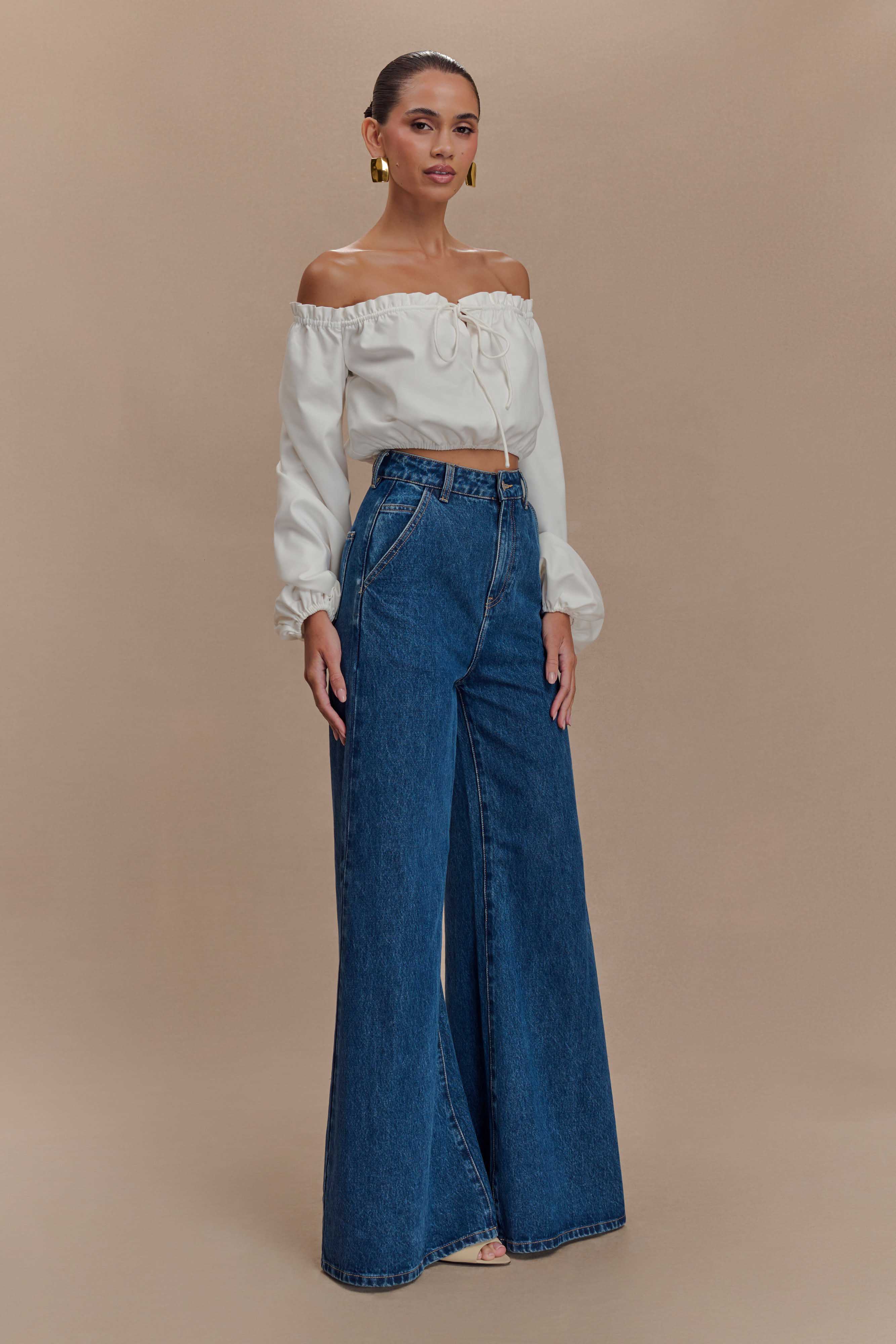 Levauro  Salome Düşük Omuz Crop Top - Beyaz