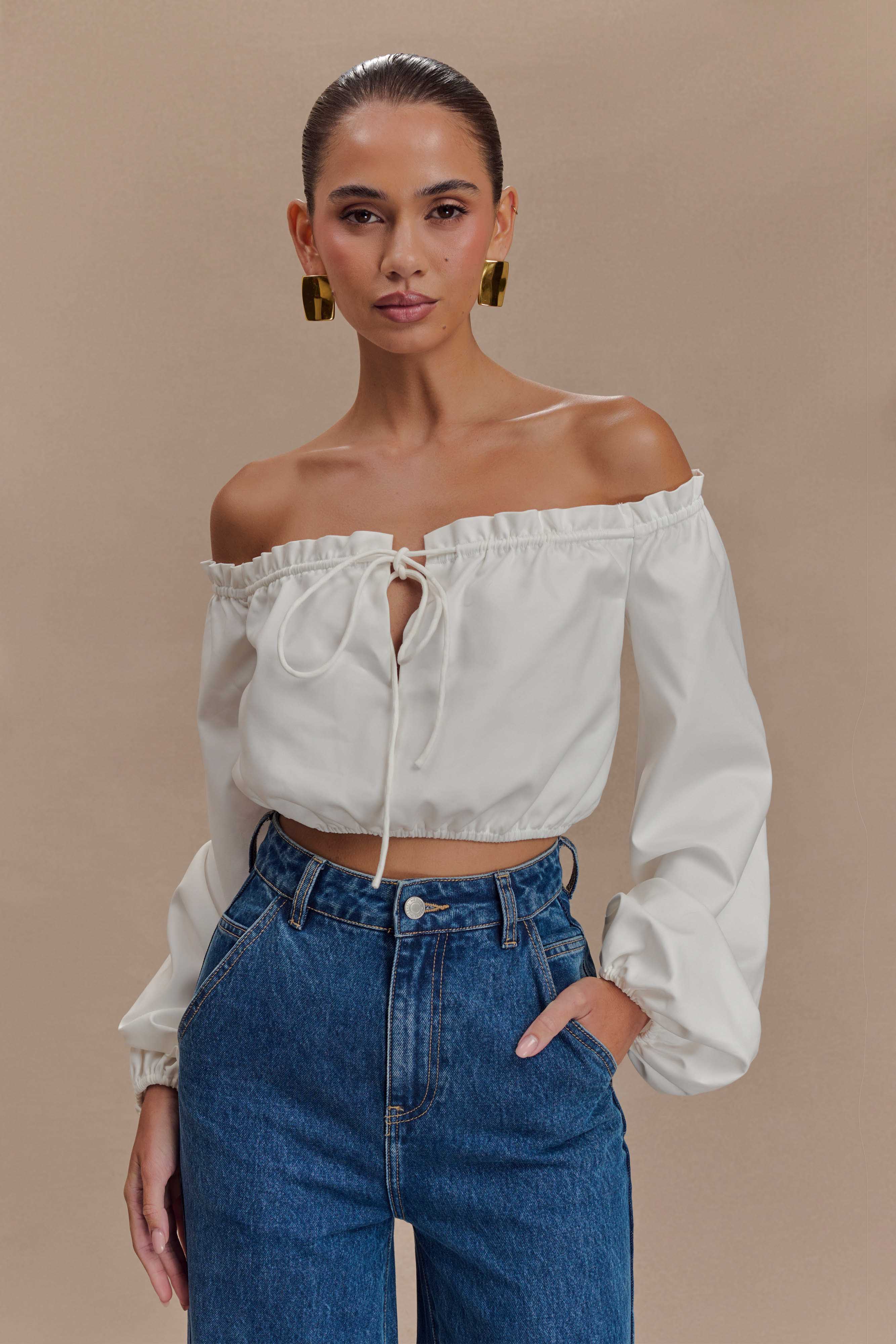 Levauro  Salome Düşük Omuz Crop Top - Beyaz