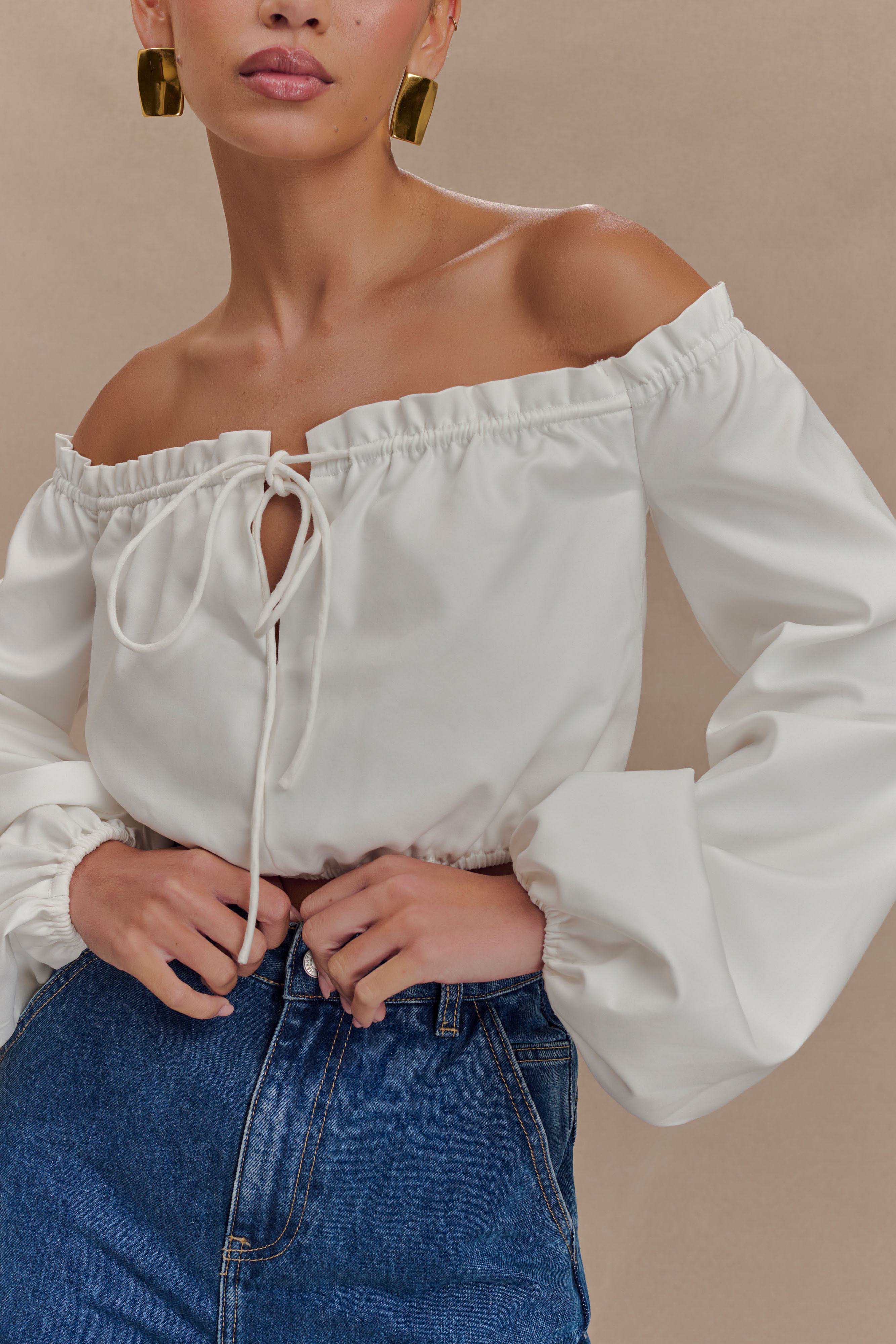 Levauro  Salome Düşük Omuz Crop Top - Beyaz