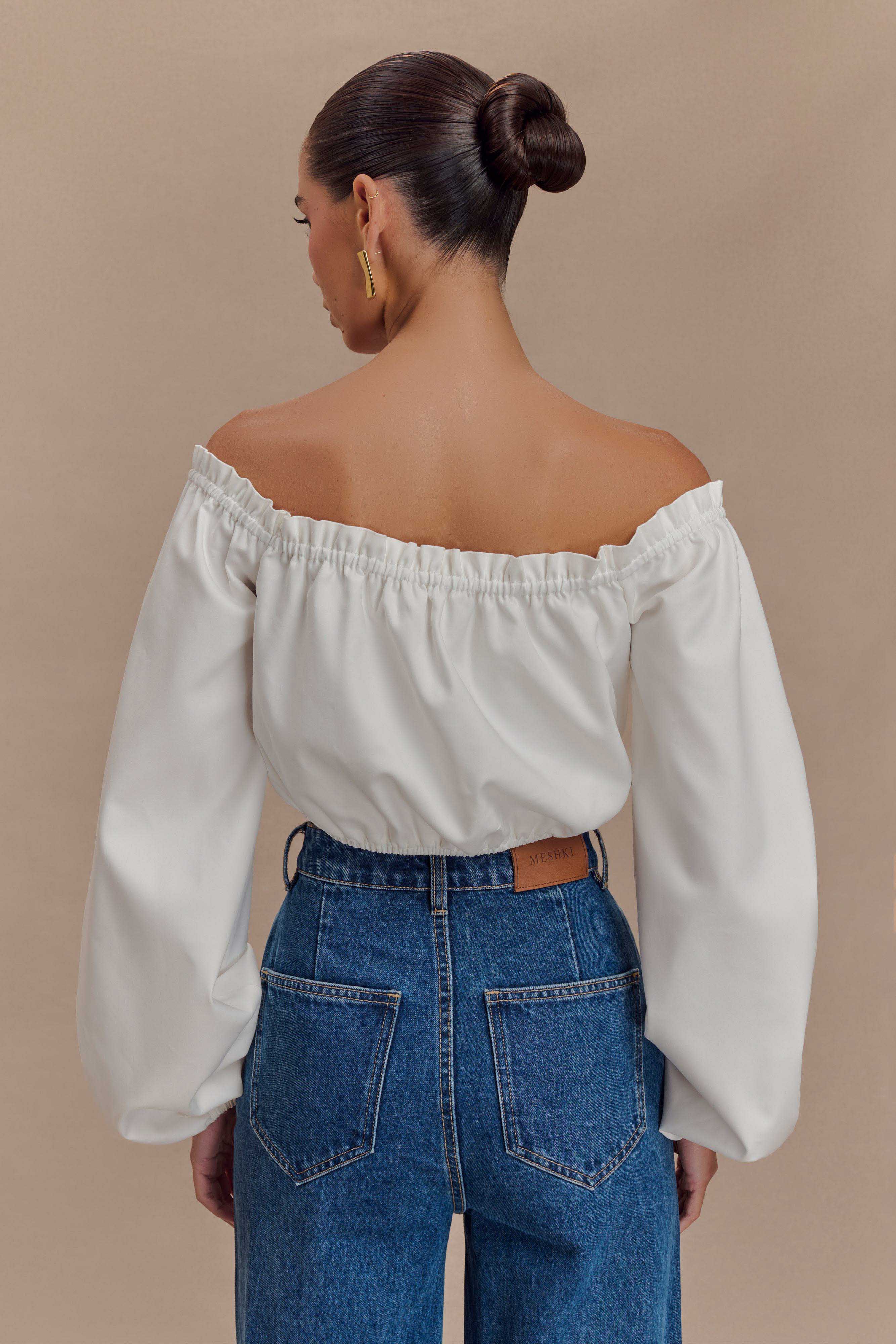 Levauro  Salome Düşük Omuz Crop Top - Beyaz
