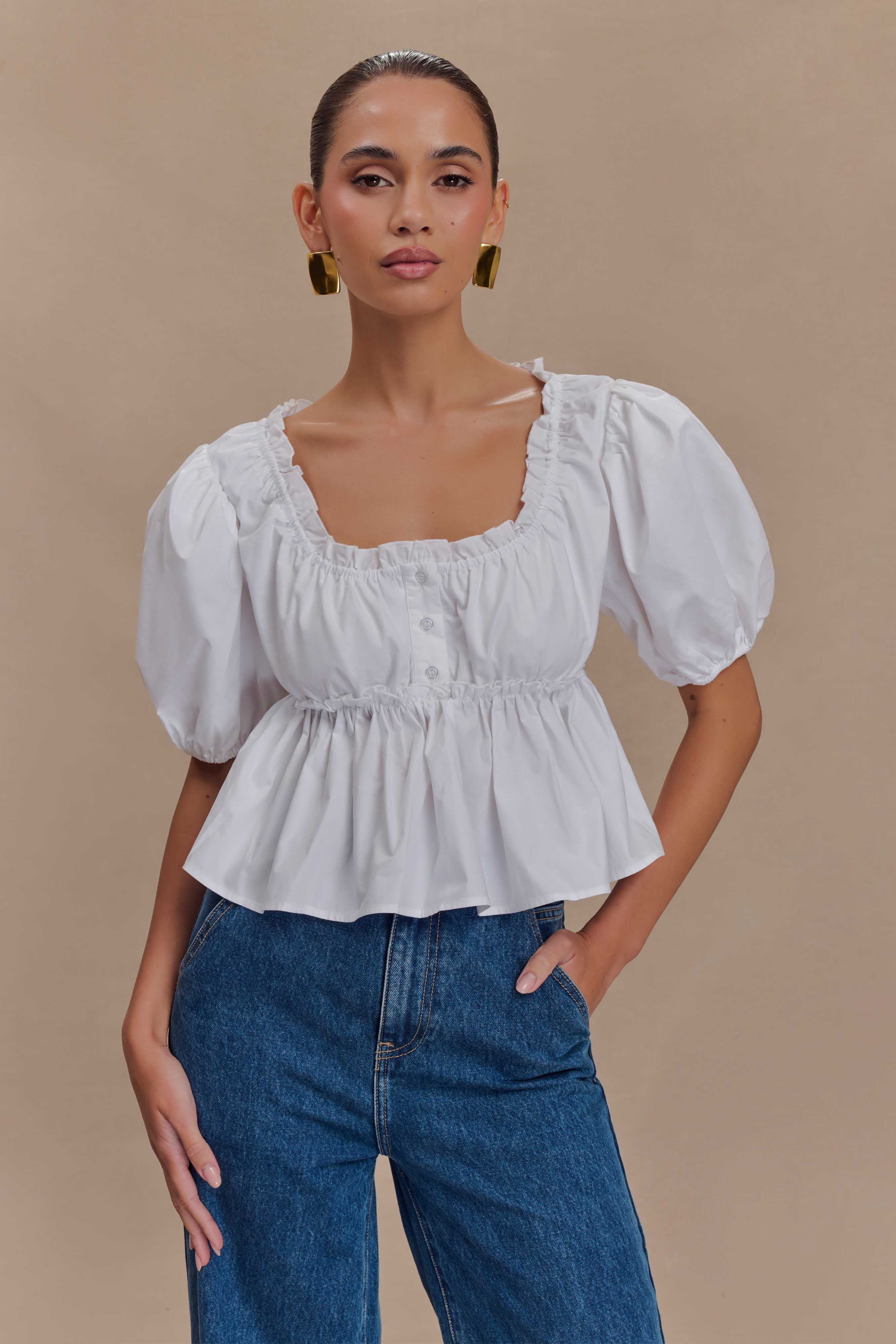 Levauro Magdalena Puf Crop Top - Beyaz