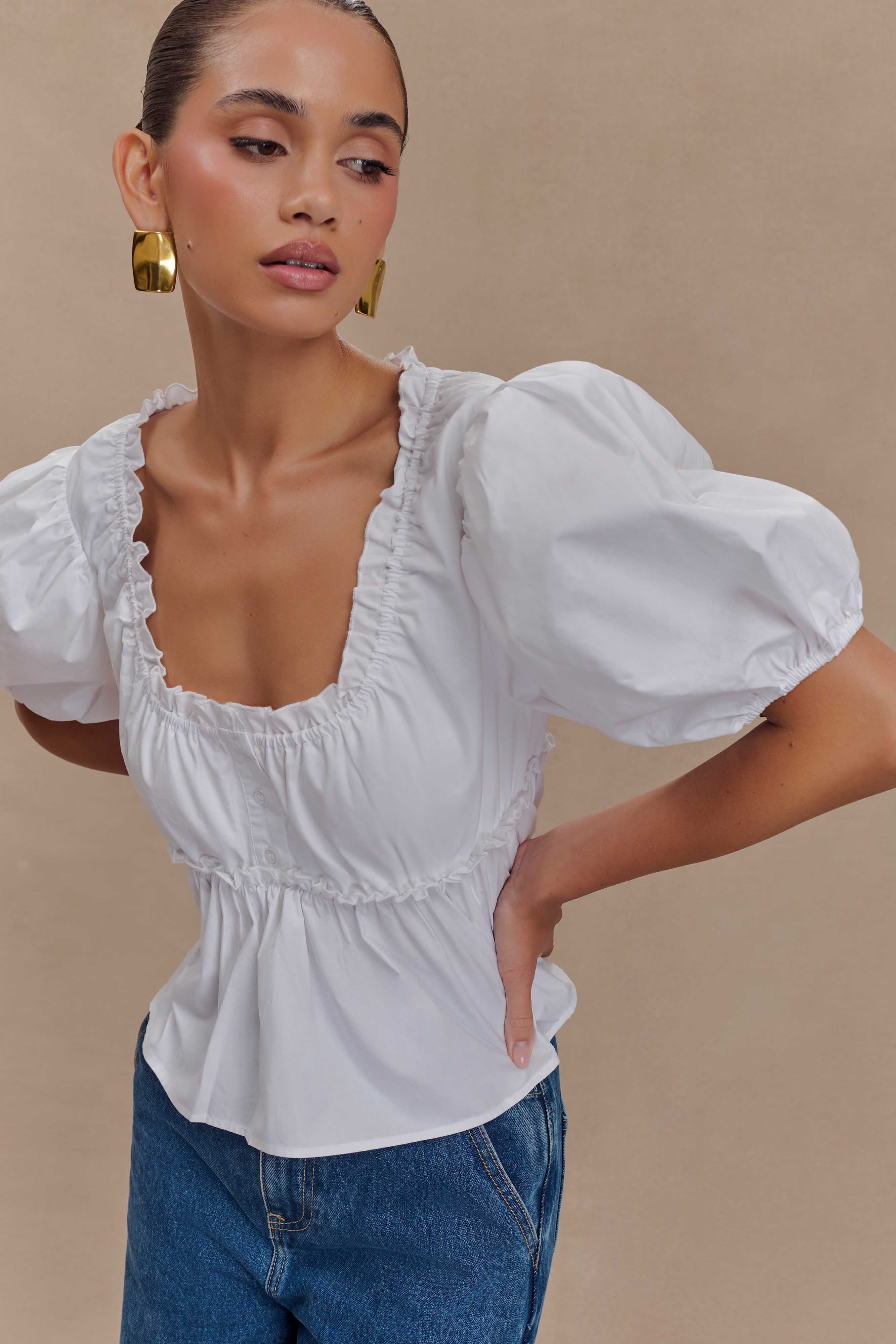 Levauro Magdalena Puf Crop Top - Beyaz