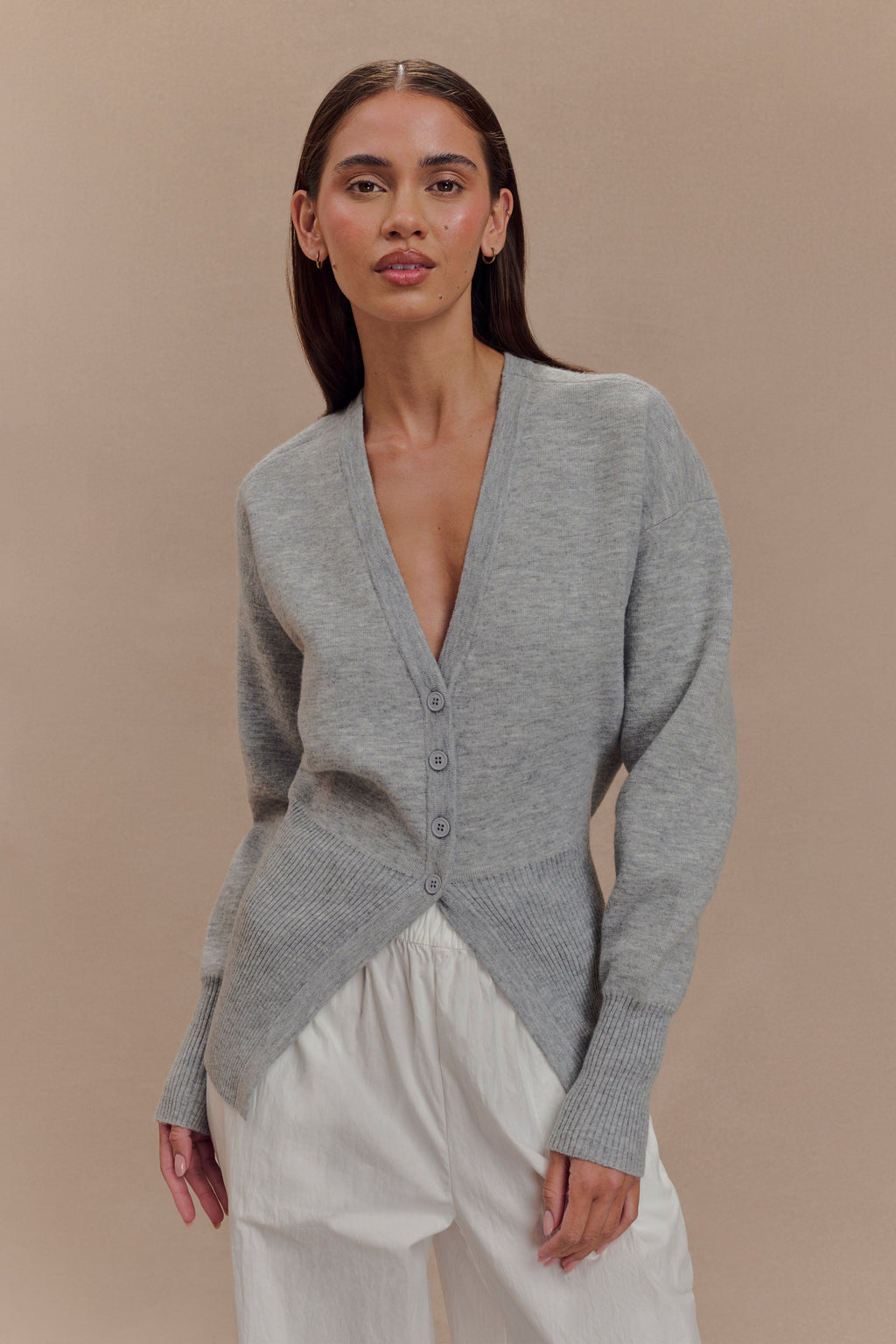 Levauro Alexia Düğmeli Oversize Hırka - Gri Marle